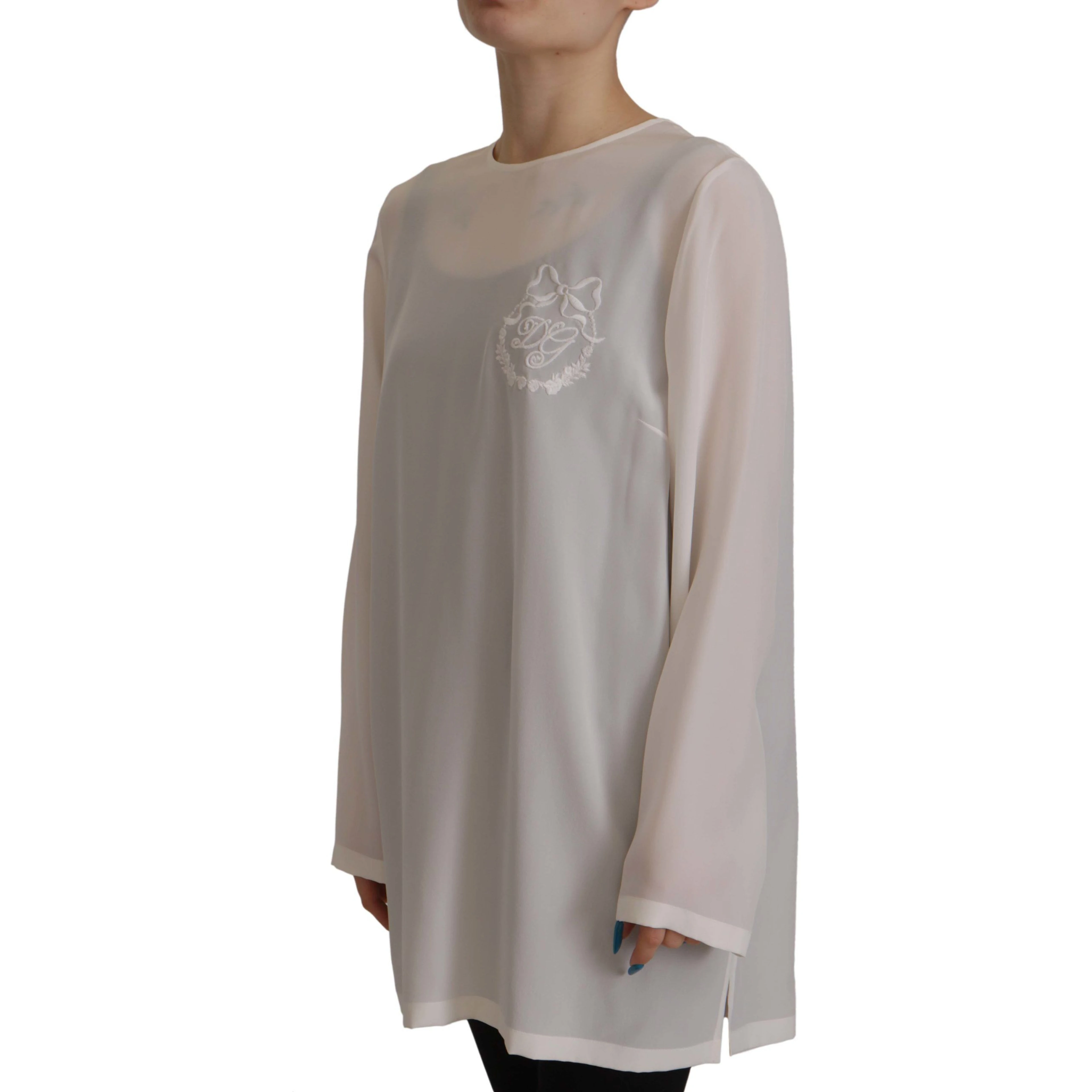 White Silk DG Logo Embroidered Long Sleeves Blouse