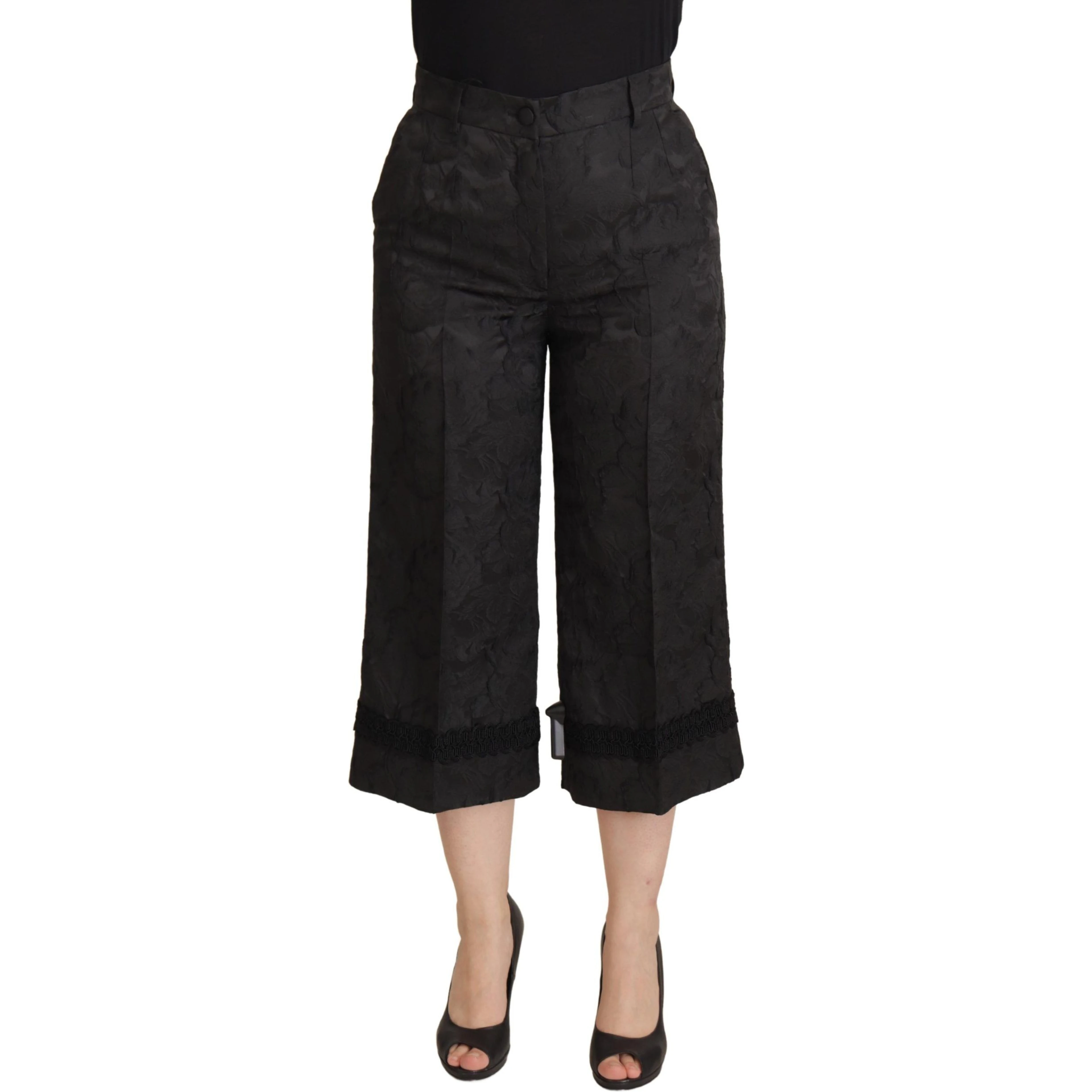 Black Brocade Cropped High Waist Pants