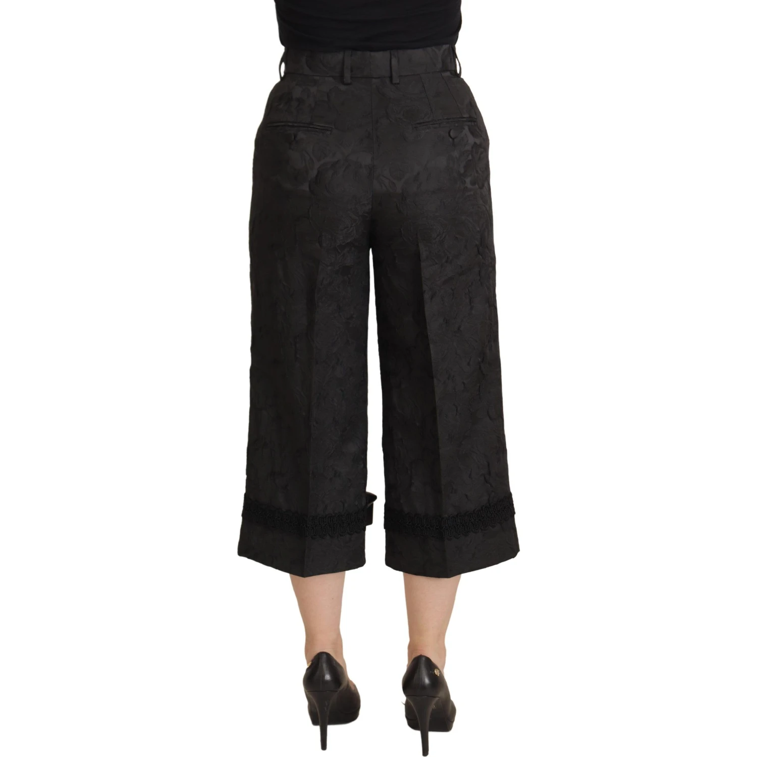 Black Brocade Cropped High Waist Pants