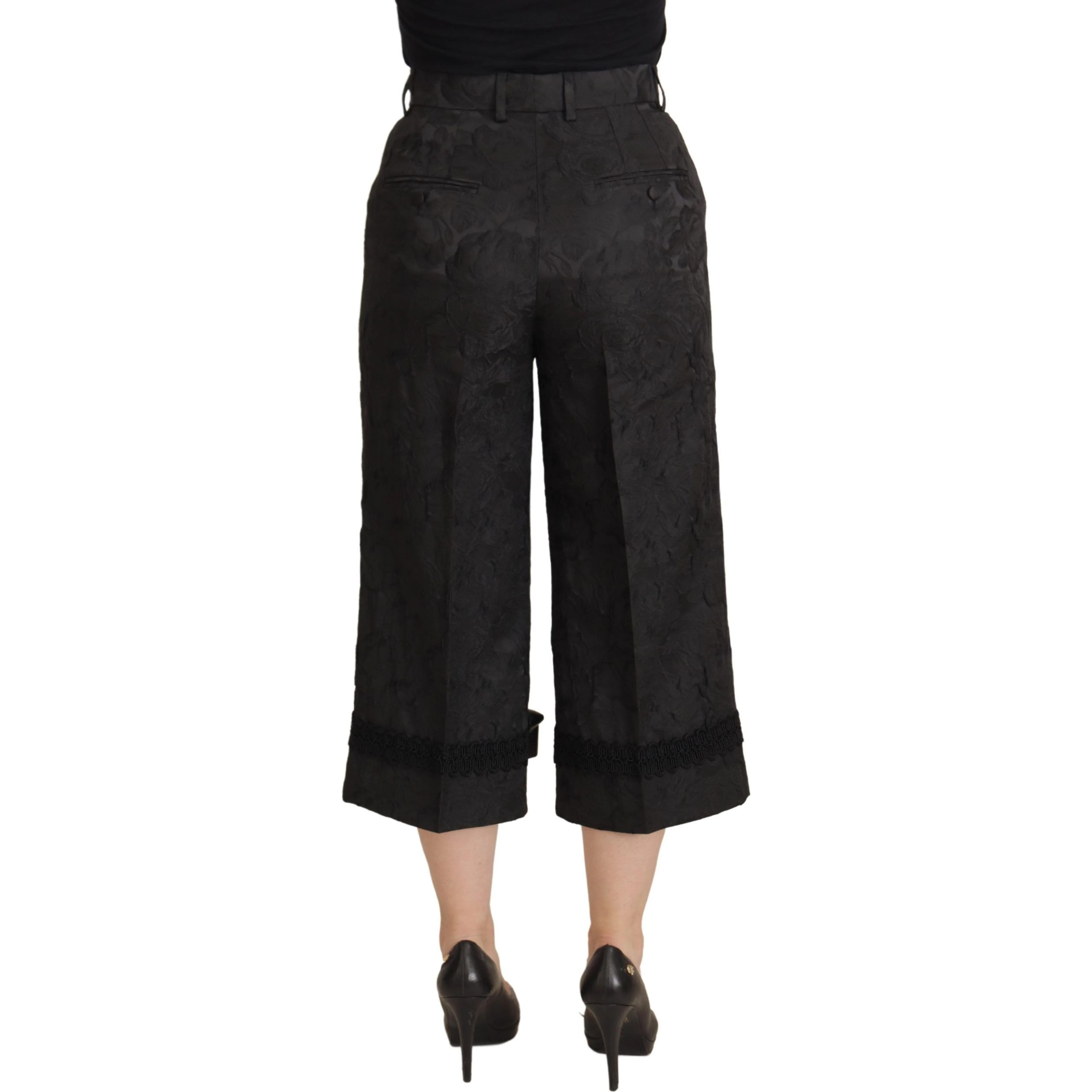 Black Brocade Cropped High Waist Pants