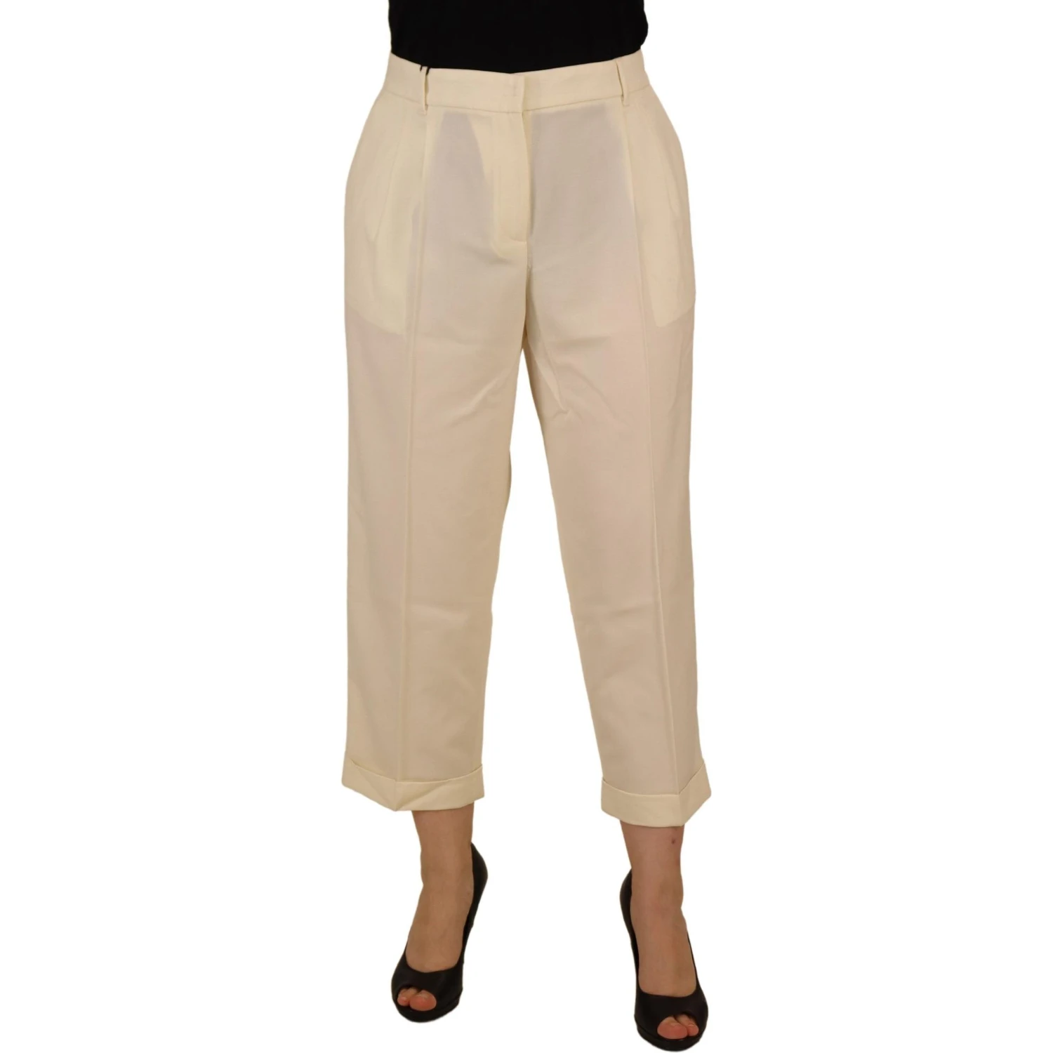 Ivory High Waist Cropped Folded Hem Trousers Pants