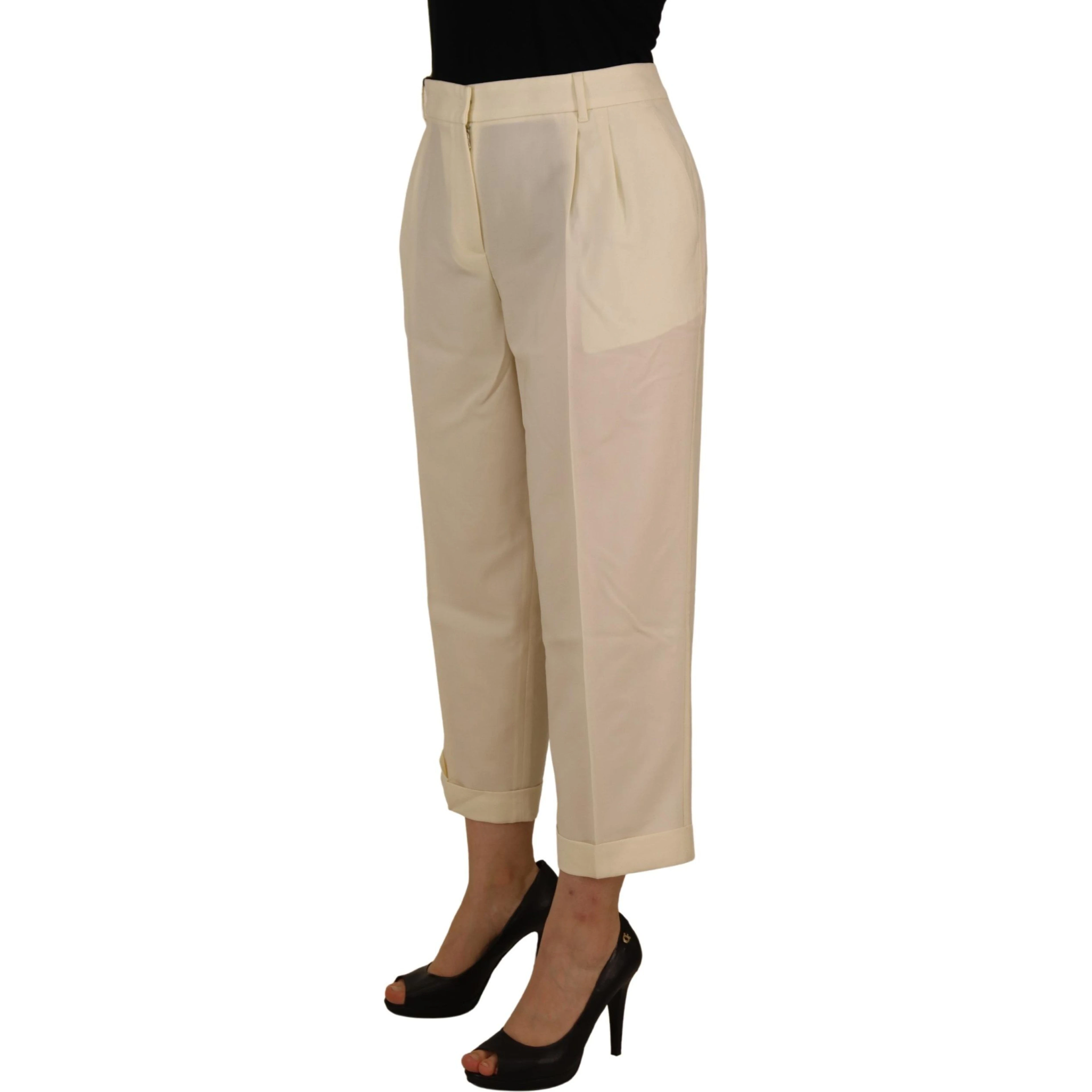 Ivory High Waist Cropped Folded Hem Trousers Pants