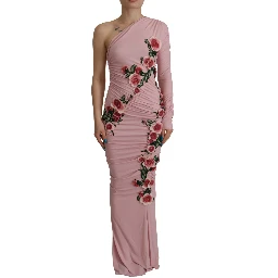 Pink Flower Embellished One Shoulder Dress