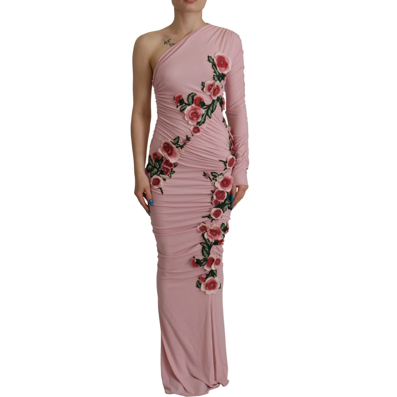 Pink Flower Embellished One Shoulder Dress