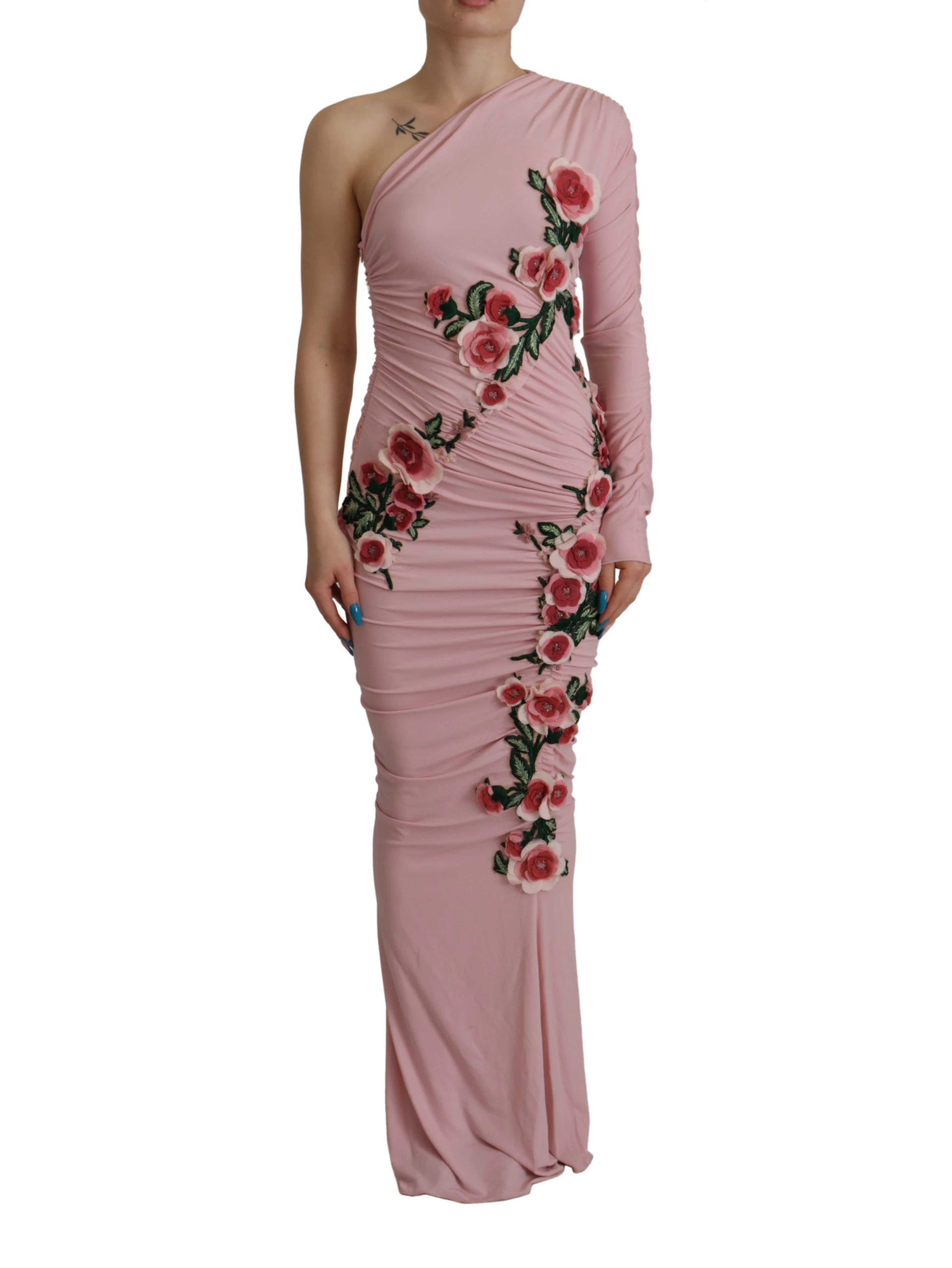 Pink Flower Embellished One Shoulder Dress