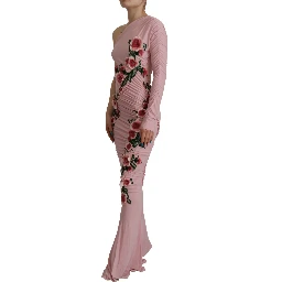 Pink Flower Embellished One Shoulder Dress