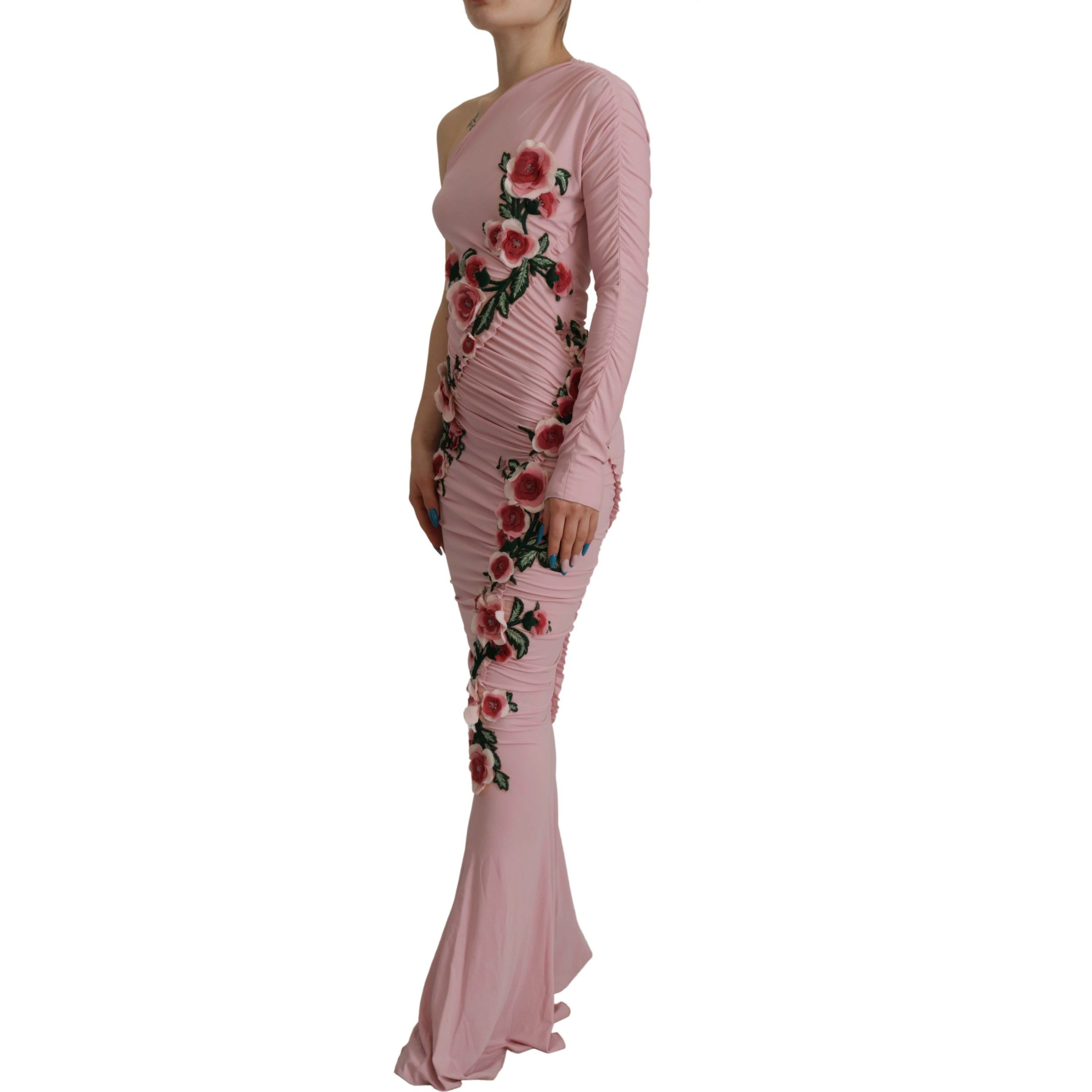 Pink Flower Embellished One Shoulder Dress