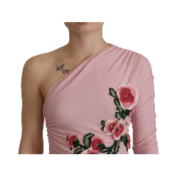 Pink Flower Embellished One Shoulder Dress
