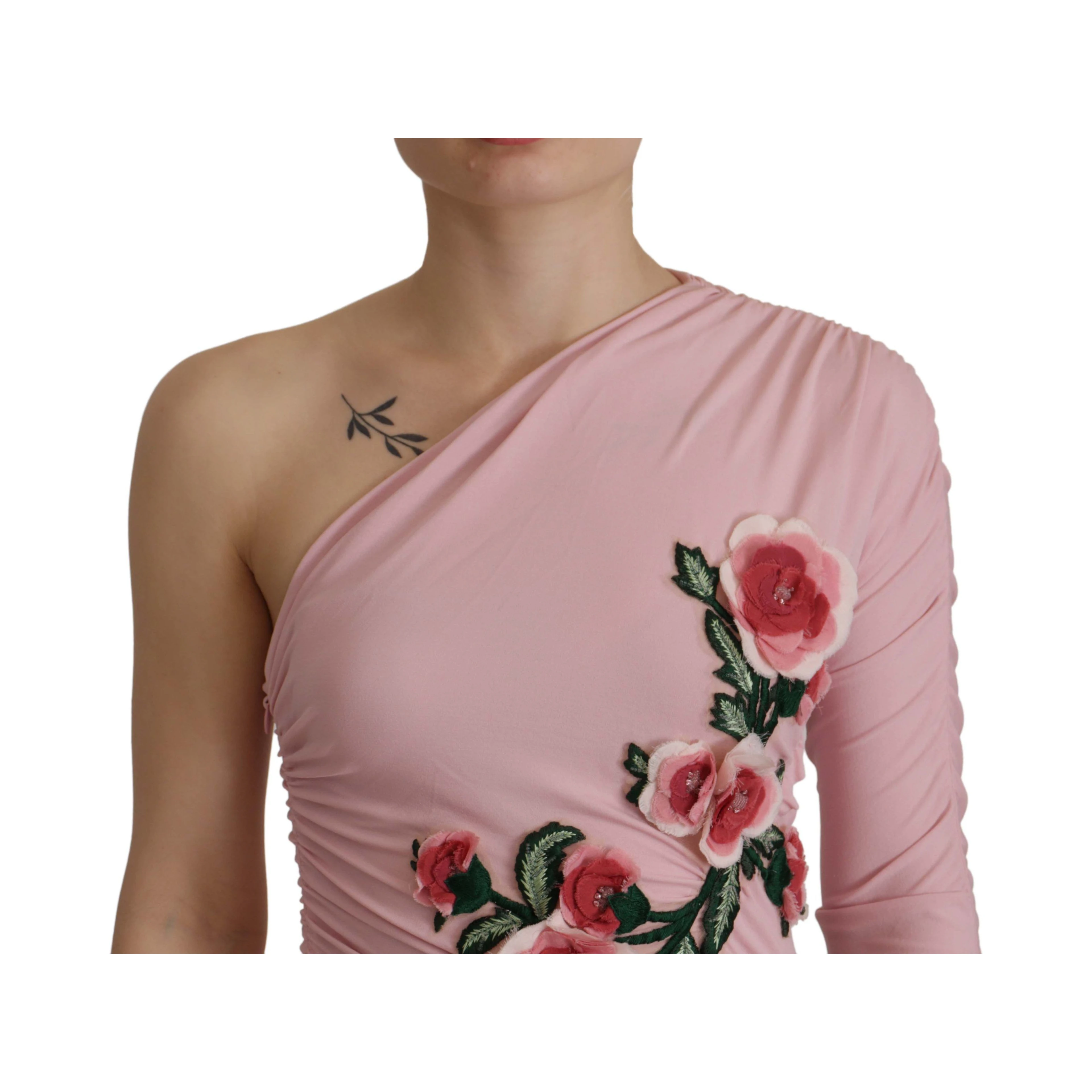 Pink Flower Embellished One Shoulder Dress