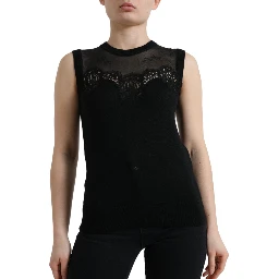 Black Cashmere Lace Trim Sleeveless Tank Top