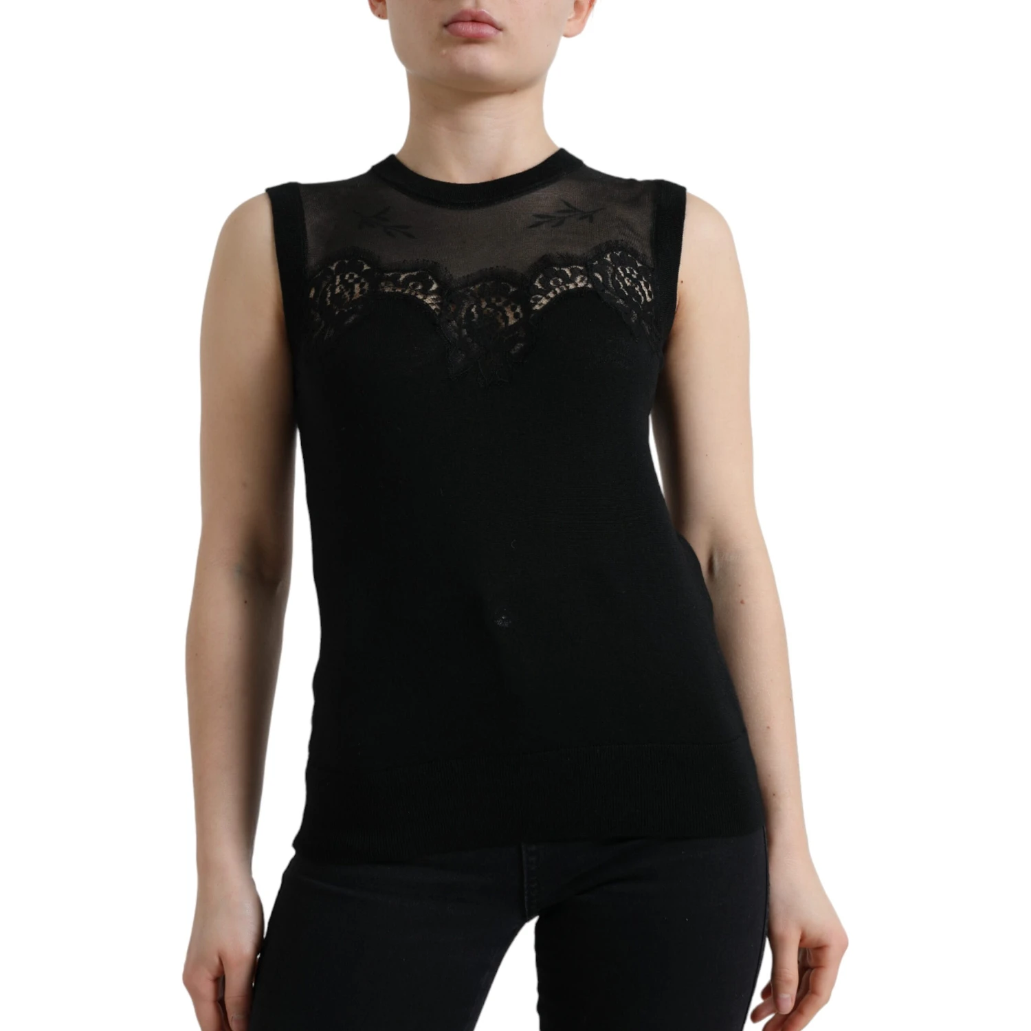 Black Cashmere Lace Trim Sleeveless Tank Top