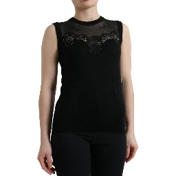 Black Cashmere Lace Trim Sleeveless Tank Top