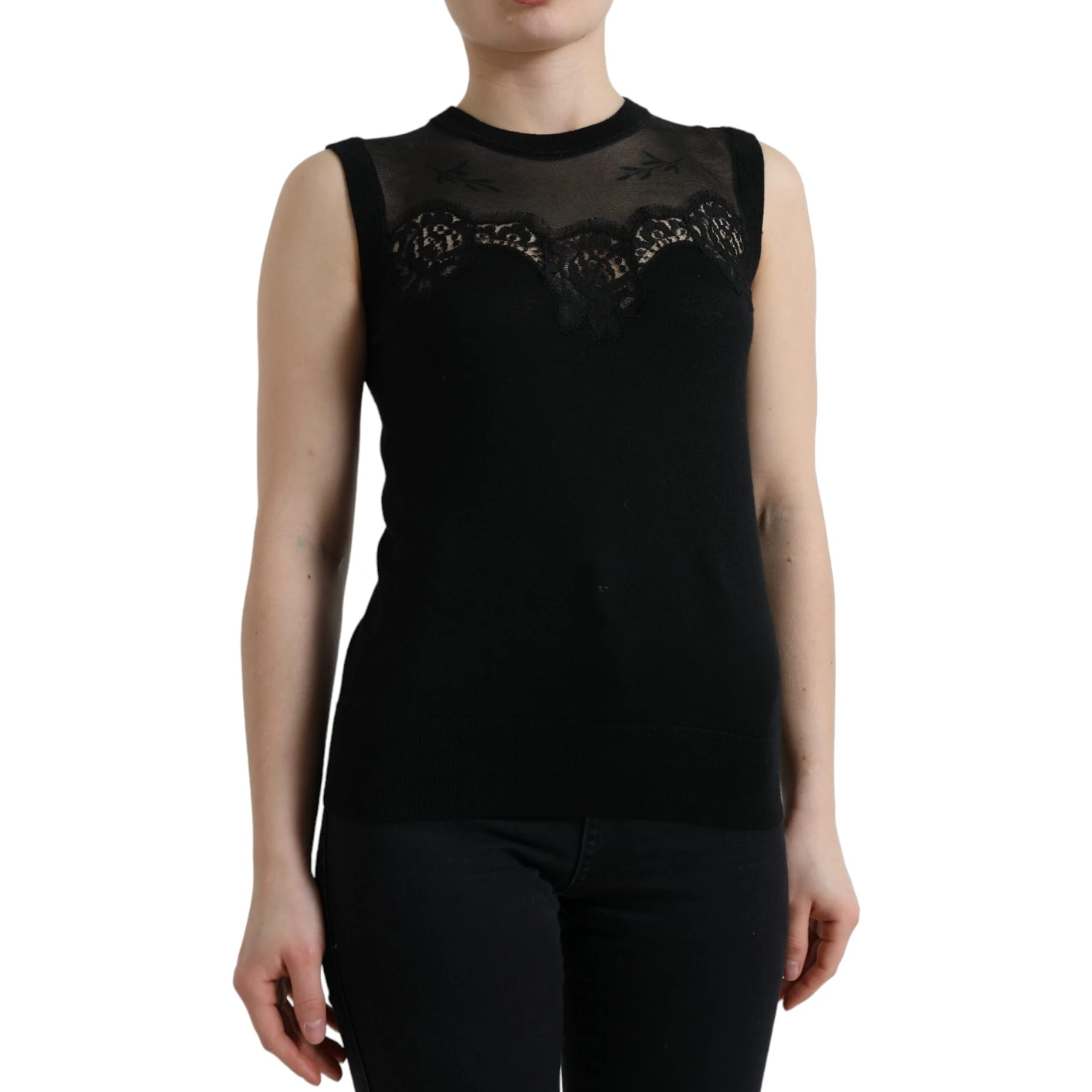 Black Cashmere Lace Trim Sleeveless Tank Top