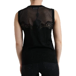 Black Cashmere Lace Trim Sleeveless Tank Top