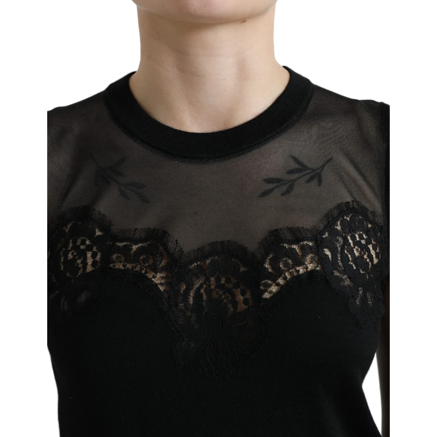 Black Cashmere Lace Trim Sleeveless Tank Top