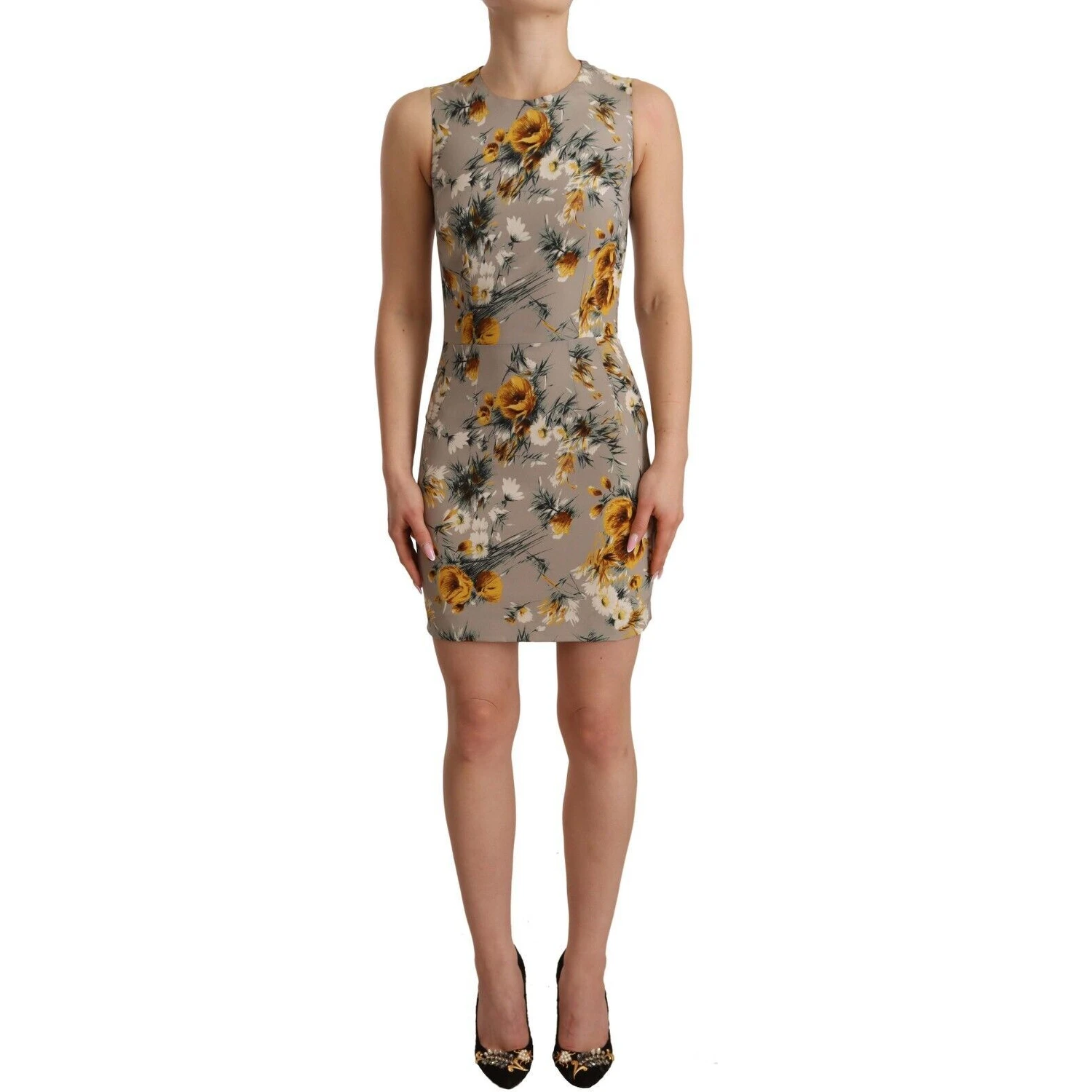 Gray Silk Stretch Floral Sheath Mini Dress