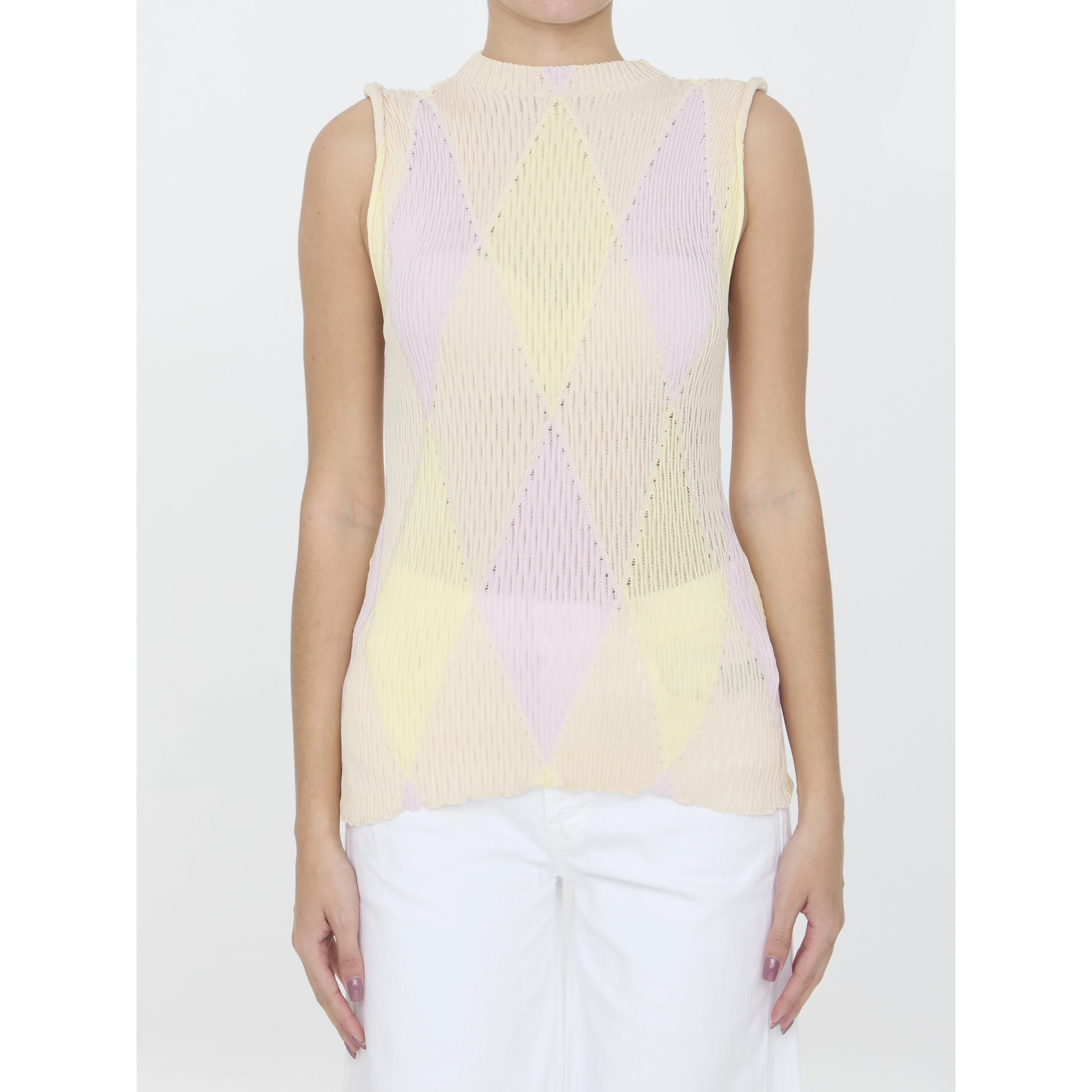 Crew-neck argyle intarsia-knit top