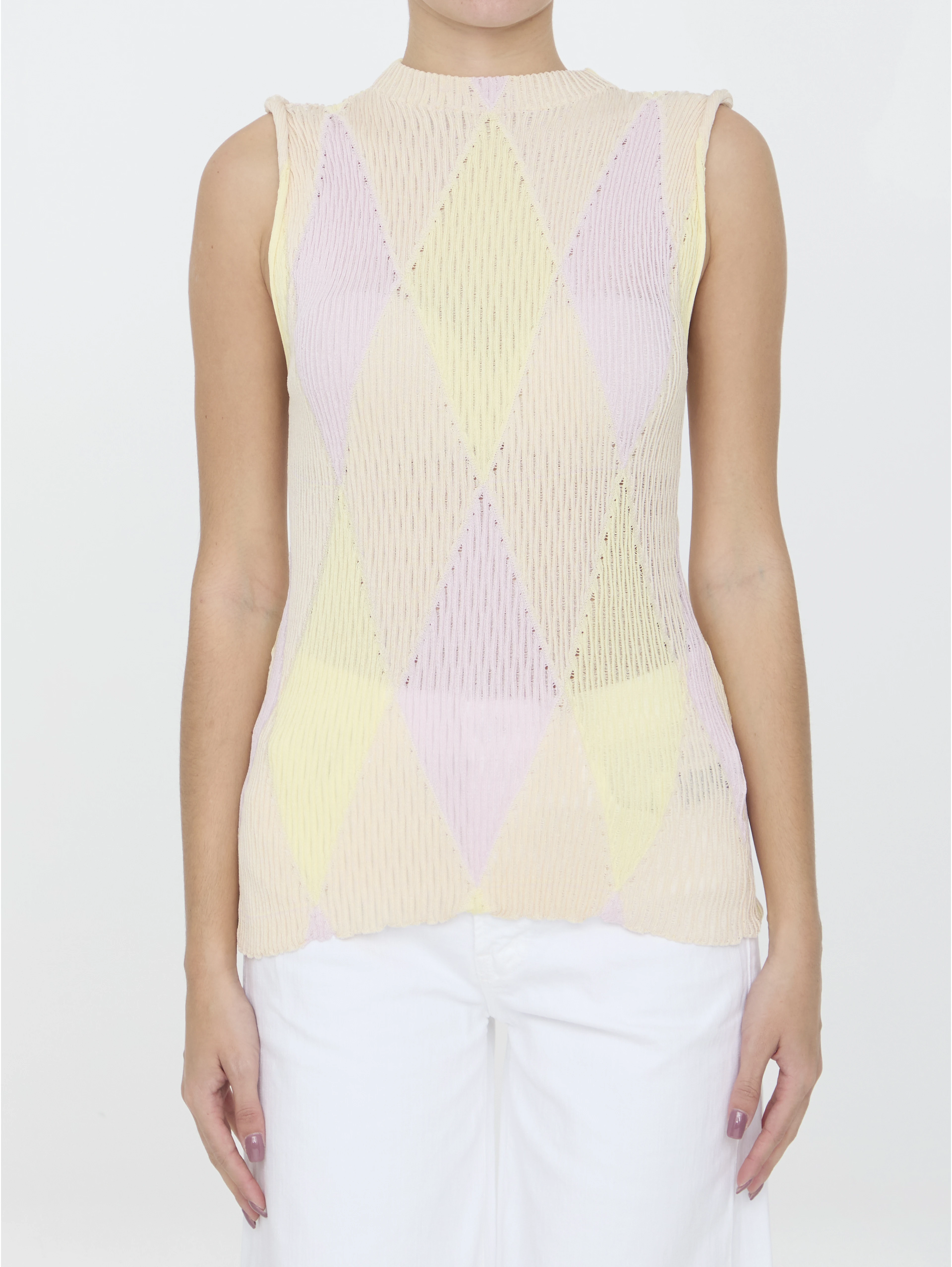 Crew-neck argyle intarsia-knit top