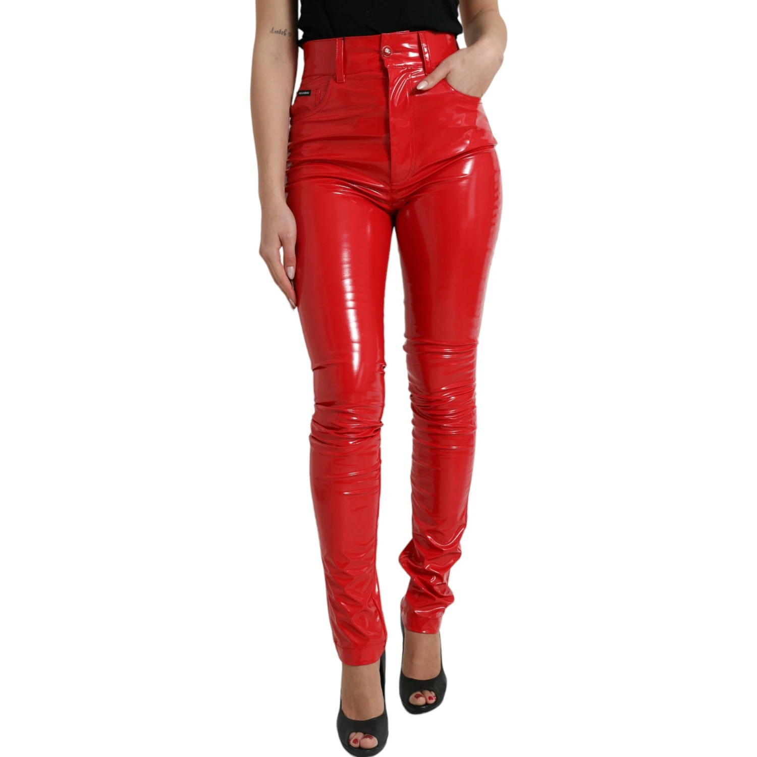 Shiny Red High Waist Skinny Pants