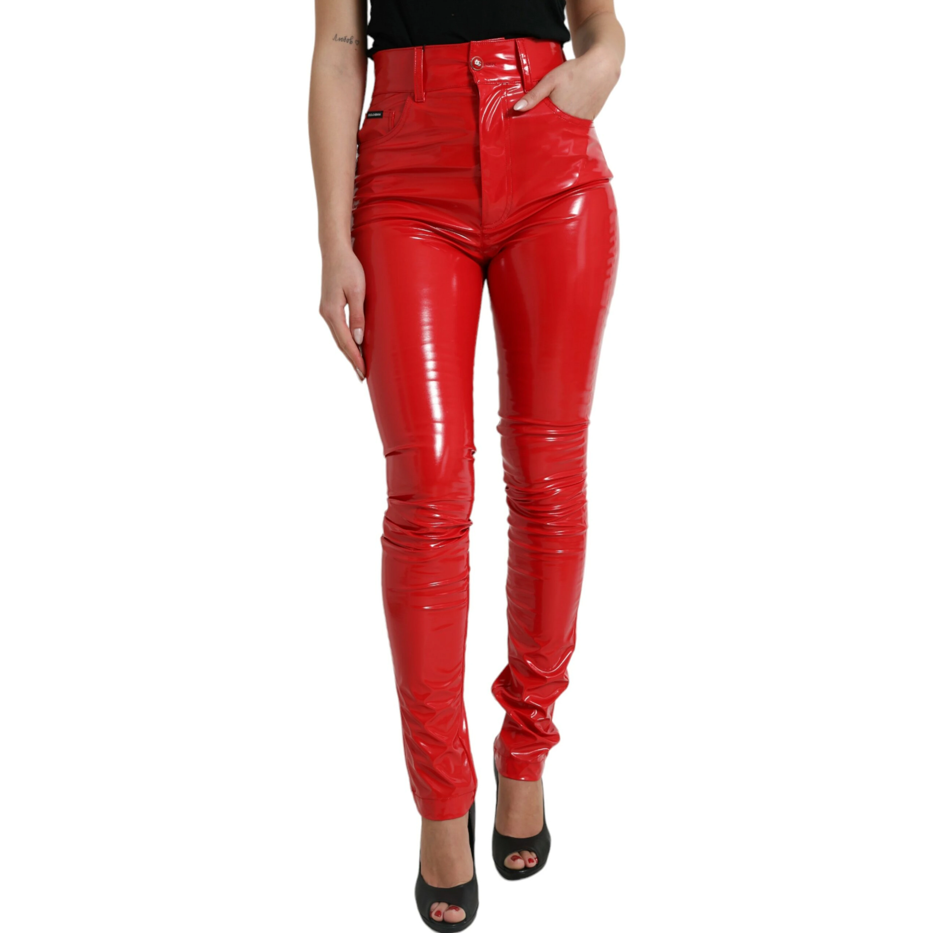 Shiny Red High Waist Skinny Pants