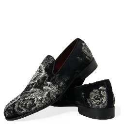 Black Floral Slippers Men Loafers Dress Shoes
