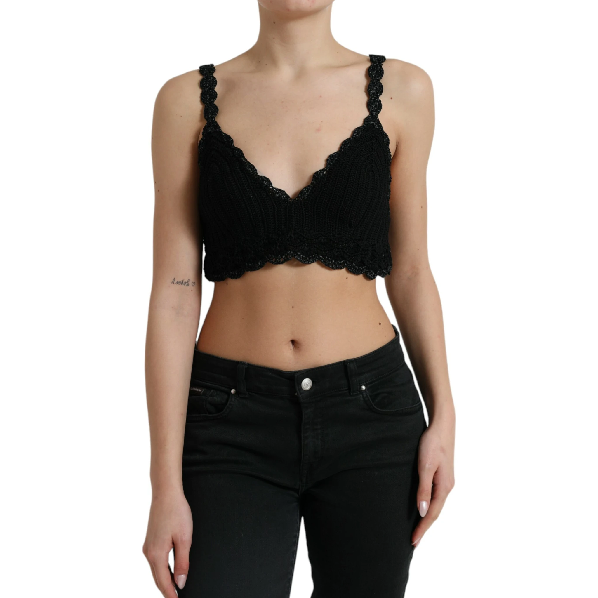 Black Cotton Bustier Cropped Crochet Tank Top