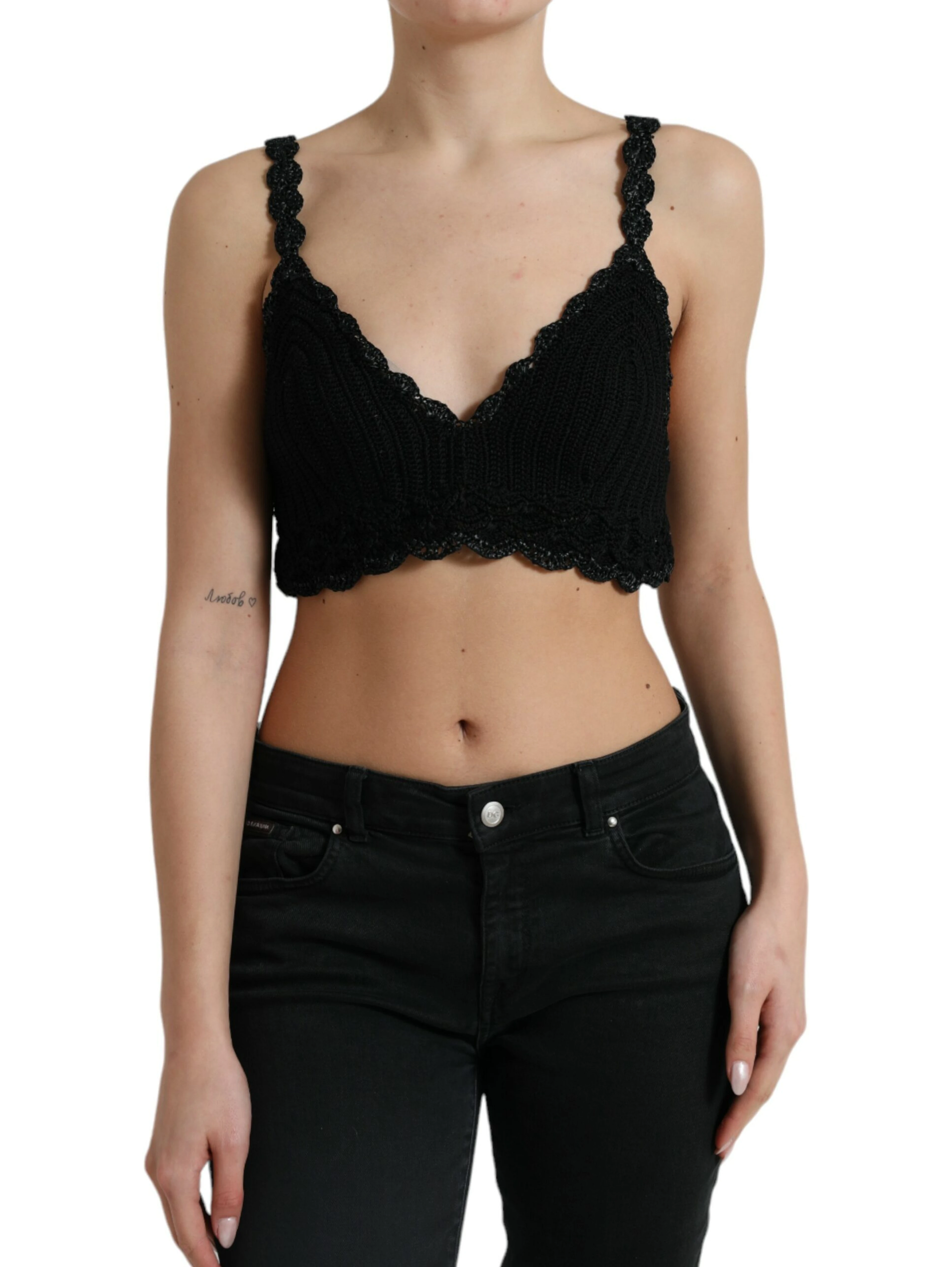 Black Cotton Bustier Cropped Crochet Tank Top