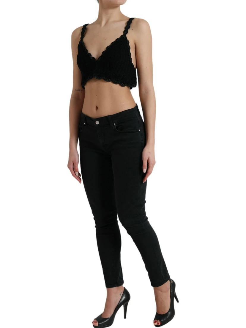 Black Cotton Bustier Cropped Crochet Tank Top