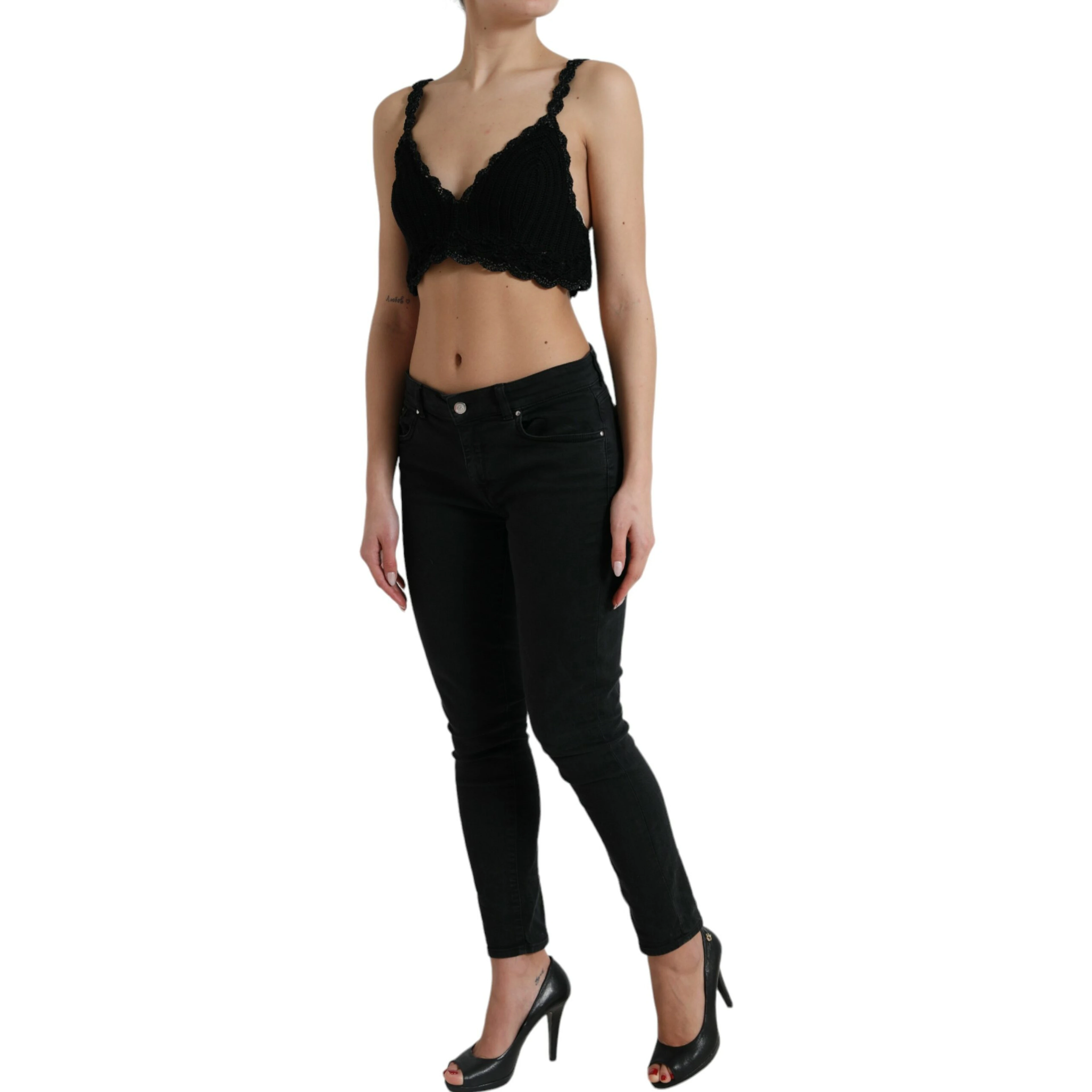 Black Cotton Bustier Cropped Crochet Tank Top