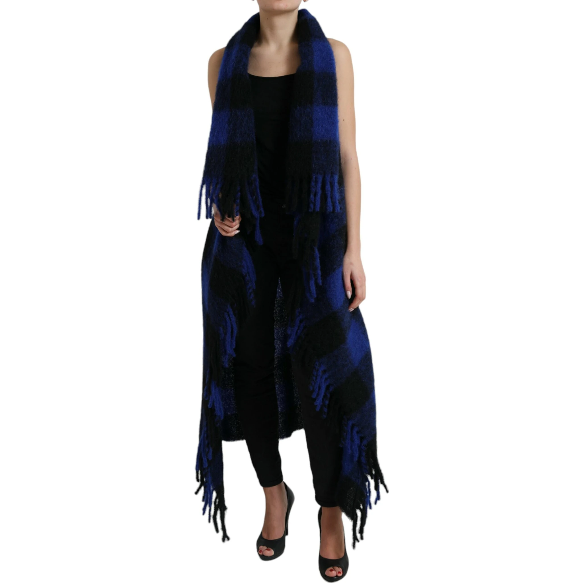 Black Blue Buffalo Check Poncho Coat Sweater