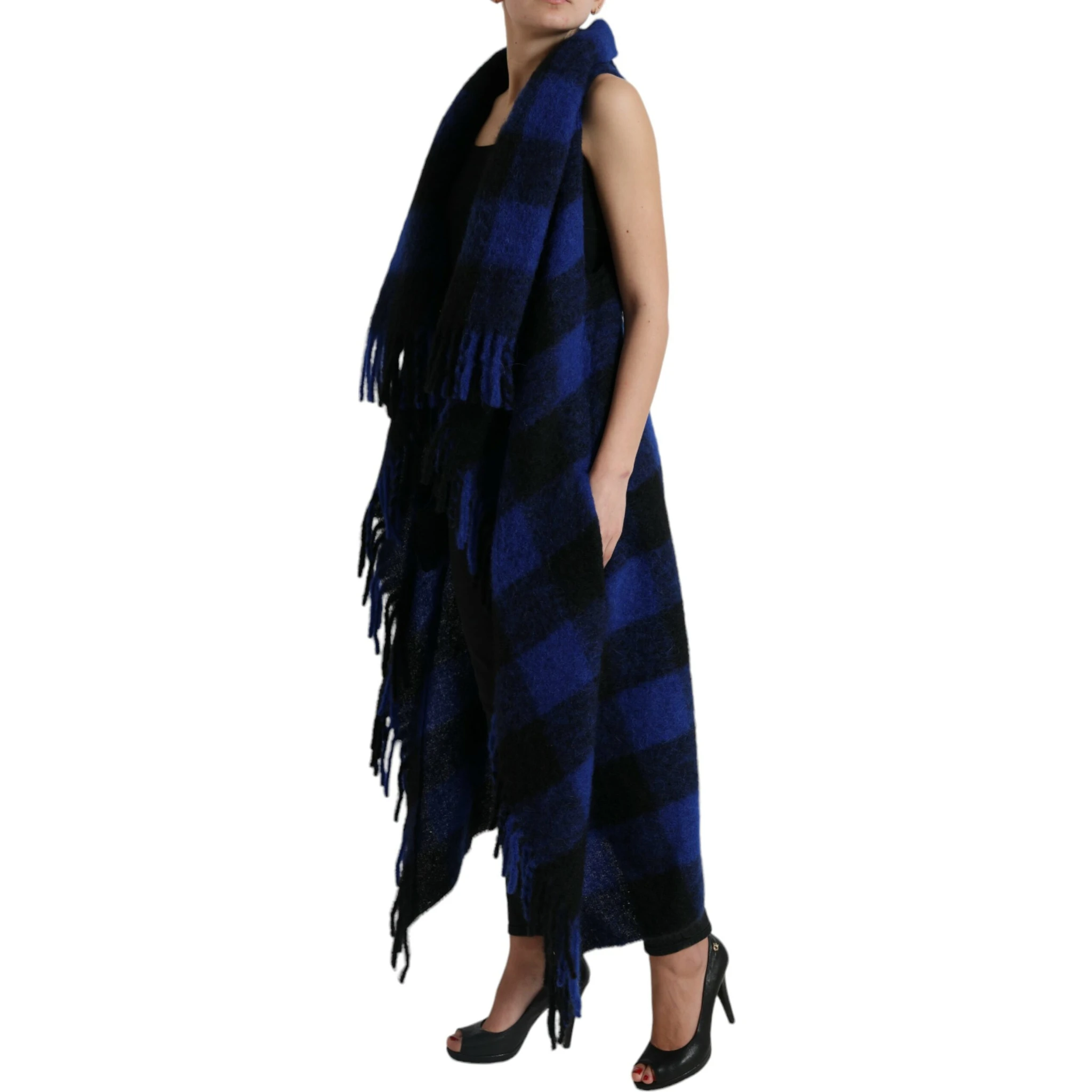 Black Blue Buffalo Check Poncho Coat Sweater