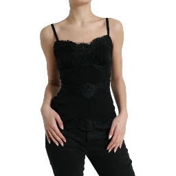 Black Silk Stretch Lace Sleeveless Tank Top