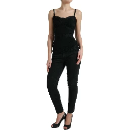 Black Silk Stretch Lace Sleeveless Tank Top