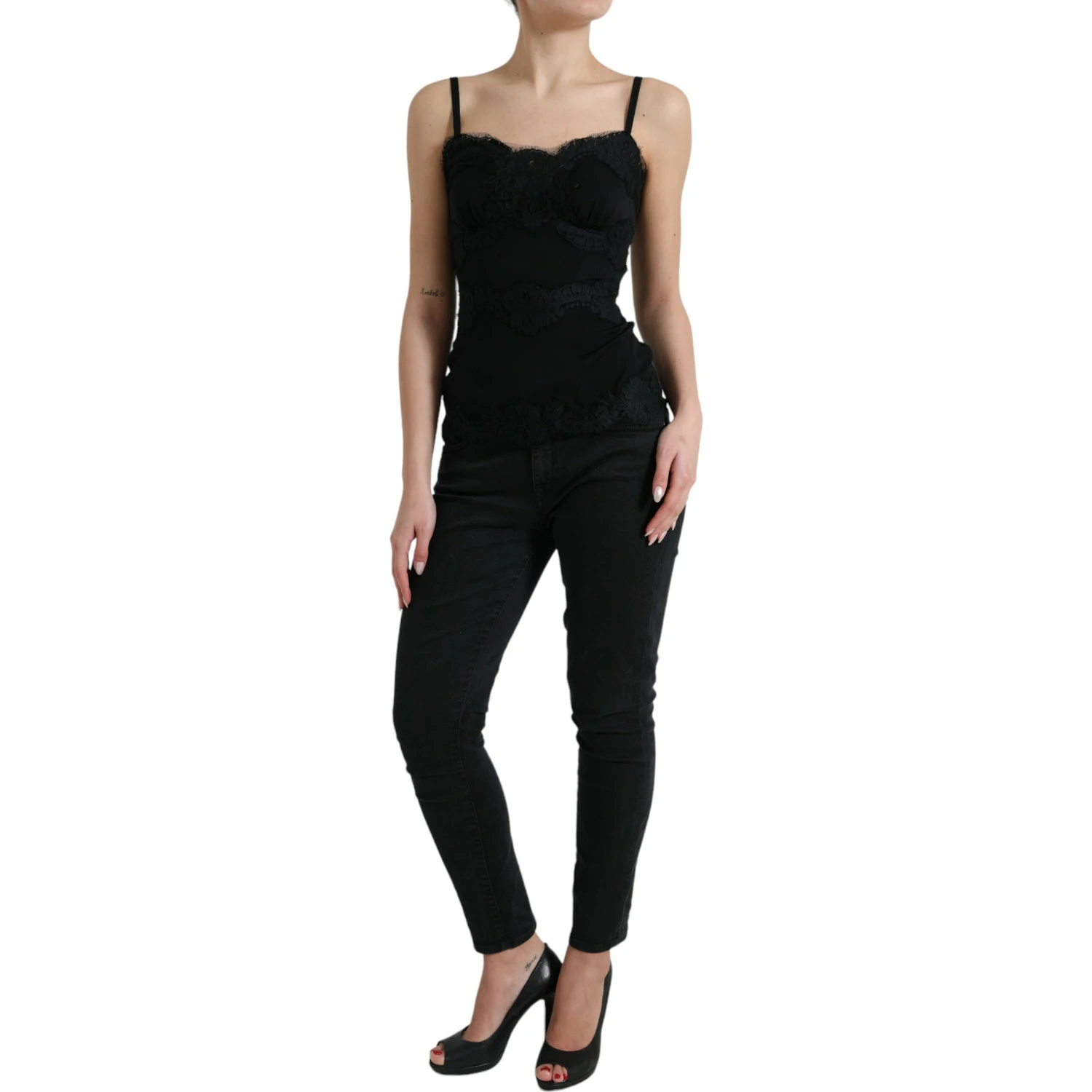 Black Silk Stretch Lace Sleeveless Tank Top