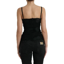 Black Silk Stretch Lace Sleeveless Tank Top