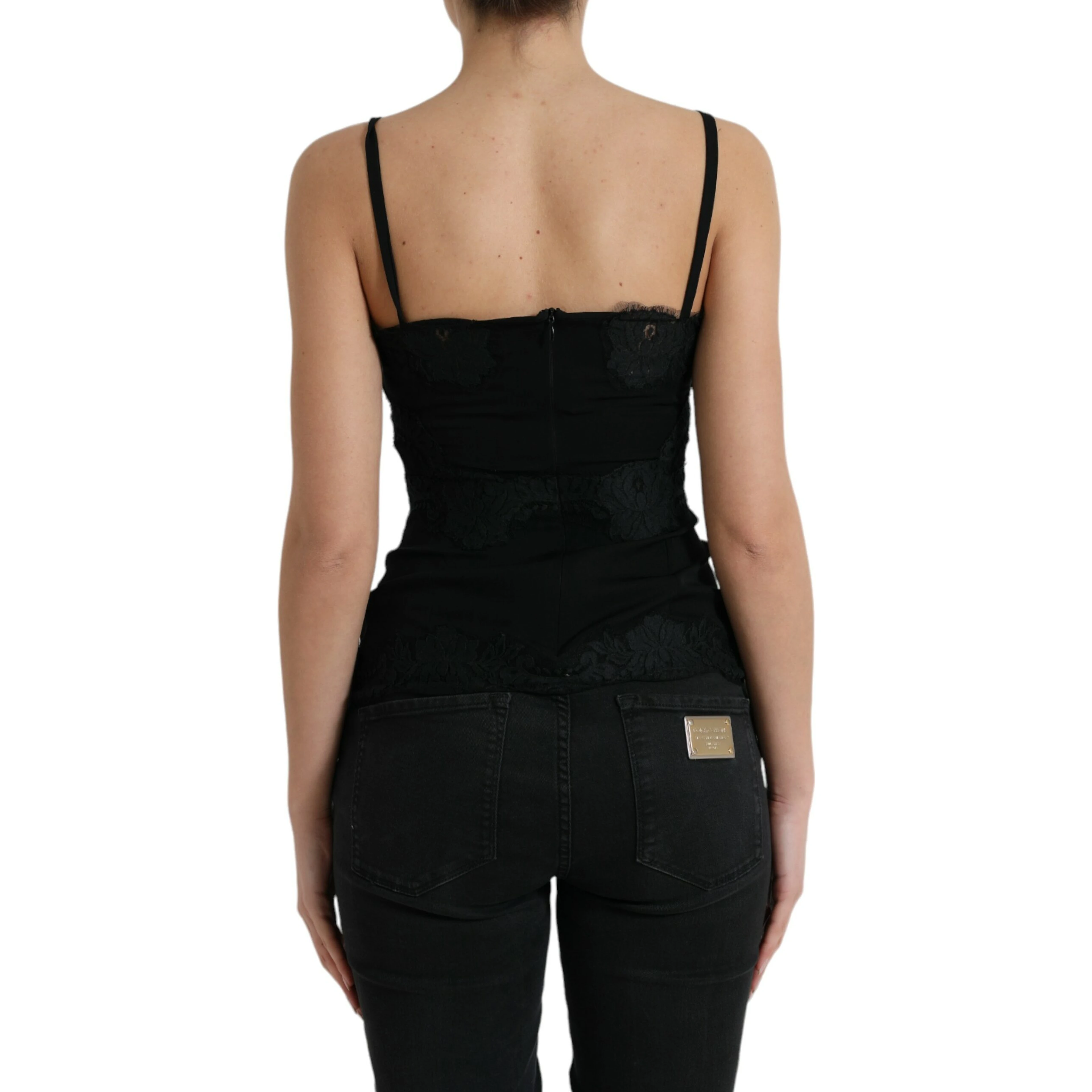 Black Silk Stretch Lace Sleeveless Tank Top