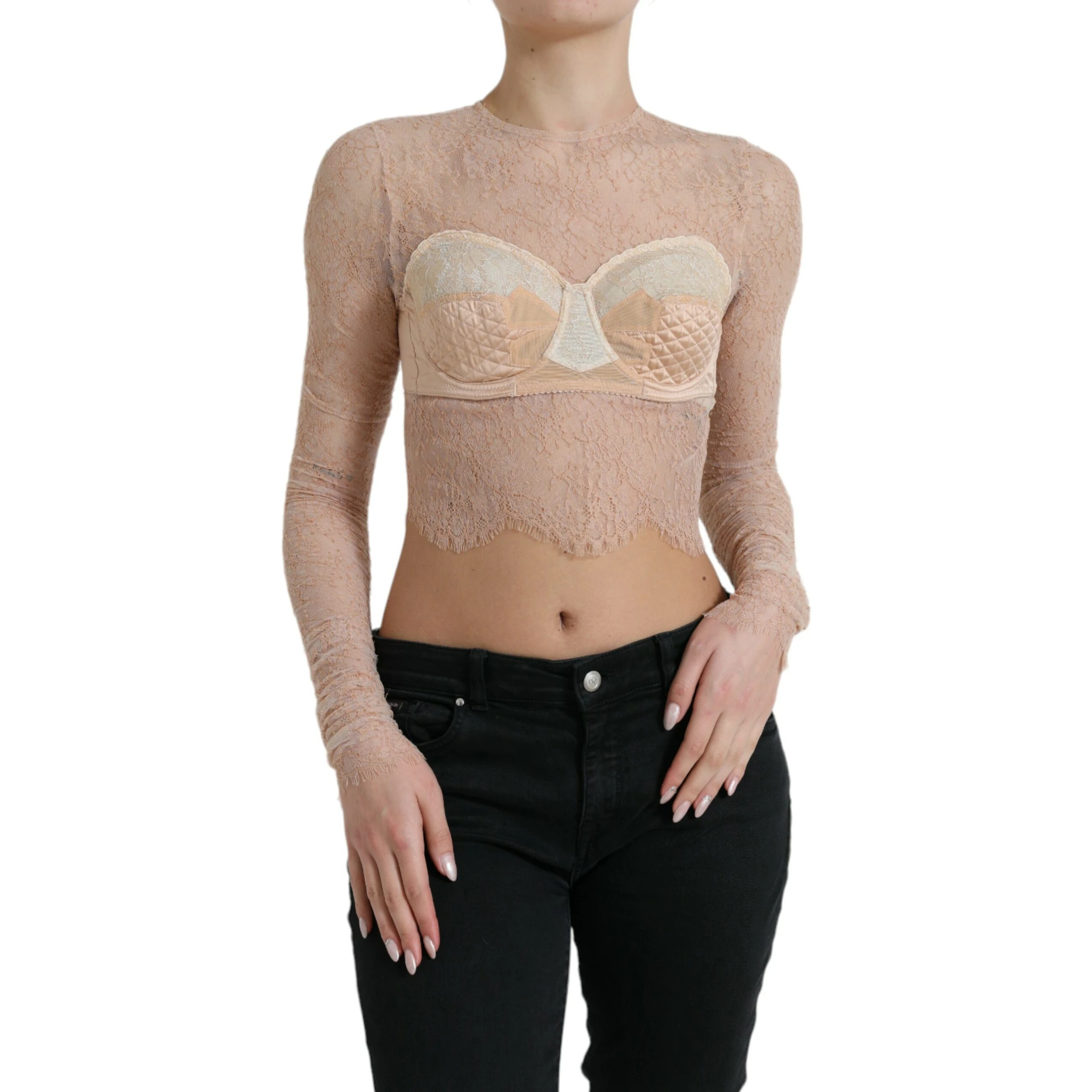 Beige Nylon Floral Lace Bustier Cropped Top