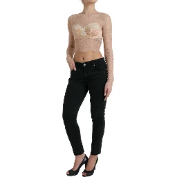 Beige Nylon Floral Lace Bustier Cropped Top
