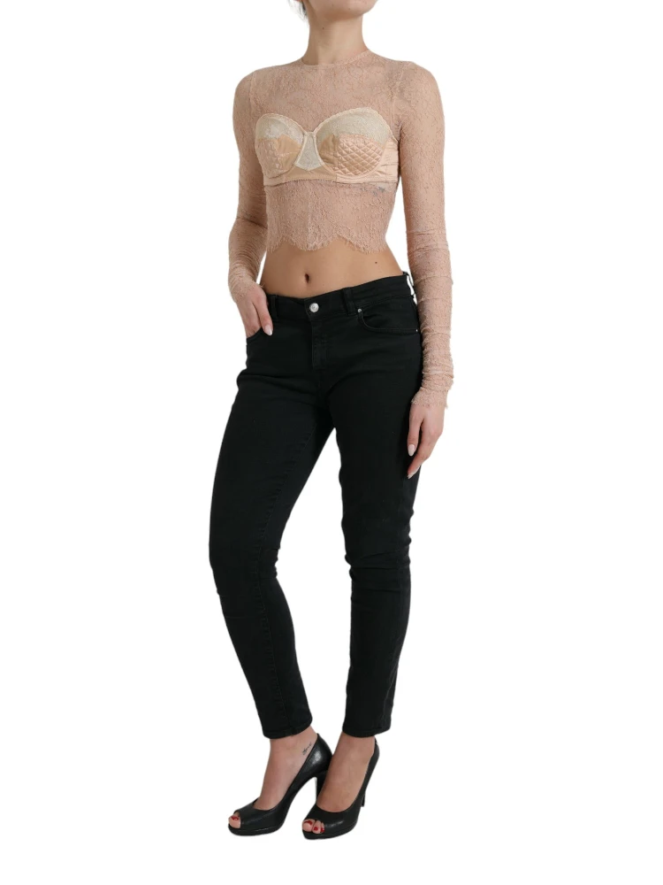 Beige Nylon Floral Lace Bustier Cropped Top alternative