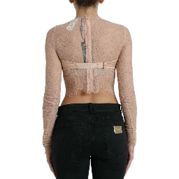 Beige Nylon Floral Lace Bustier Cropped Top