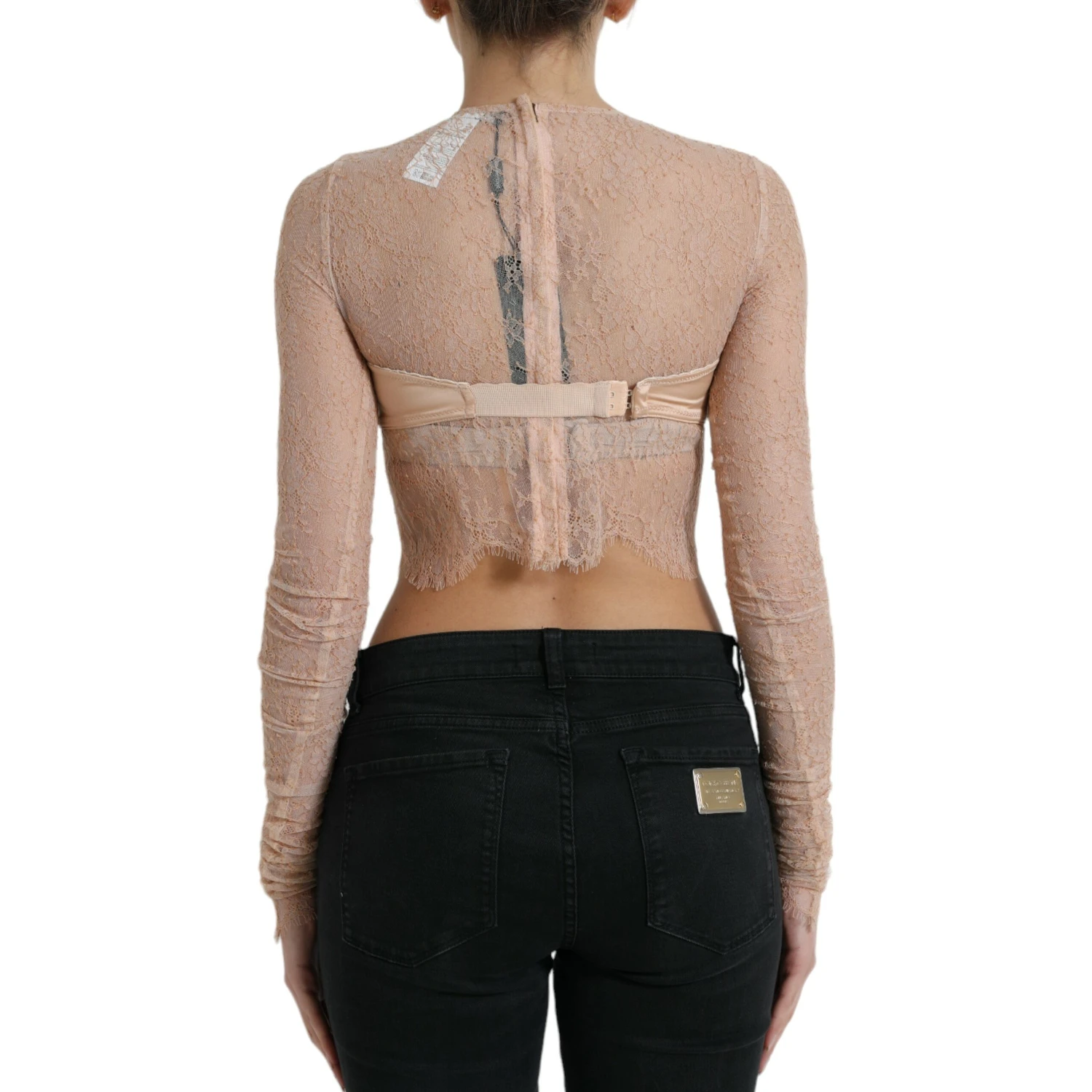 Beige Nylon Floral Lace Bustier Cropped Top
