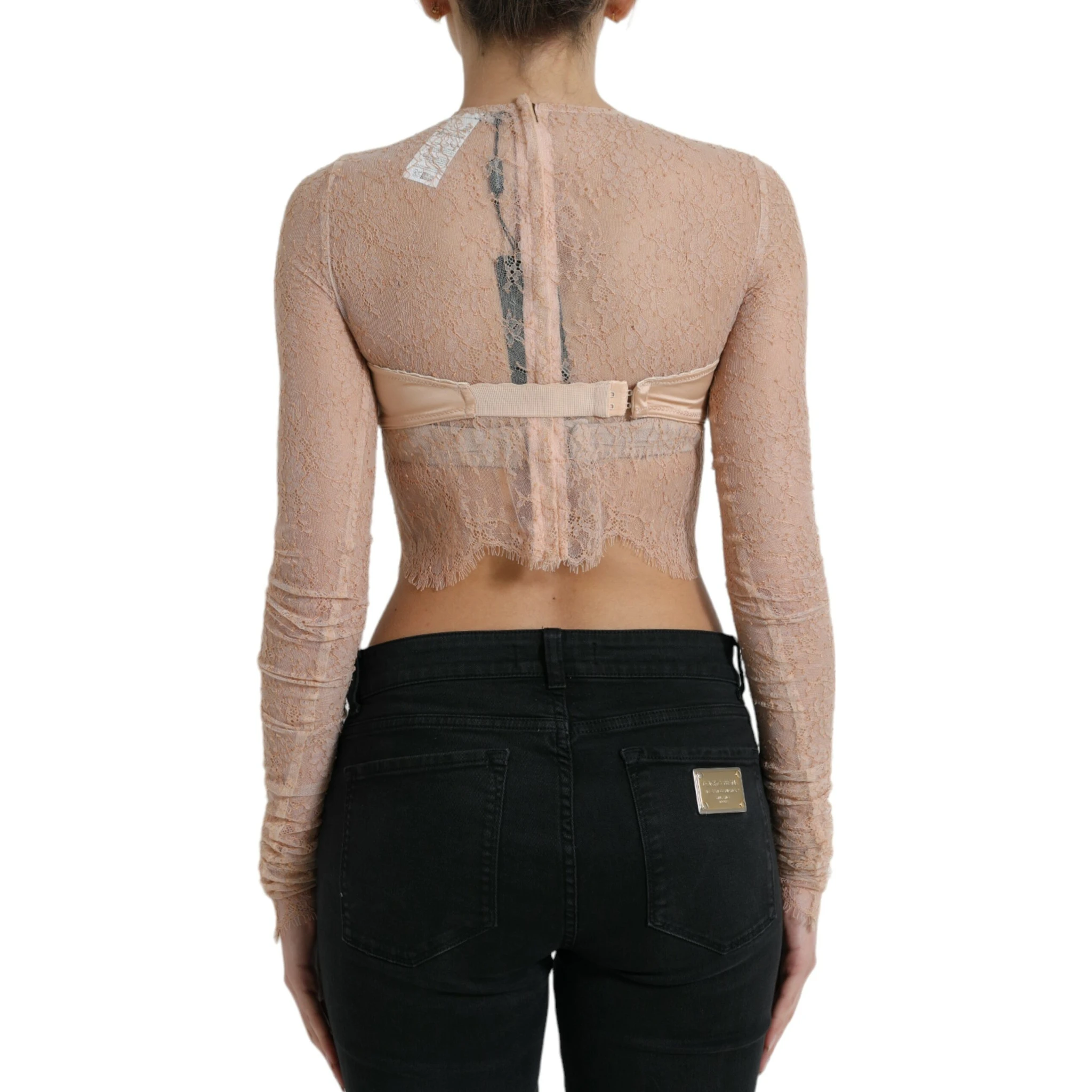 Beige Nylon Floral Lace Bustier Cropped Top