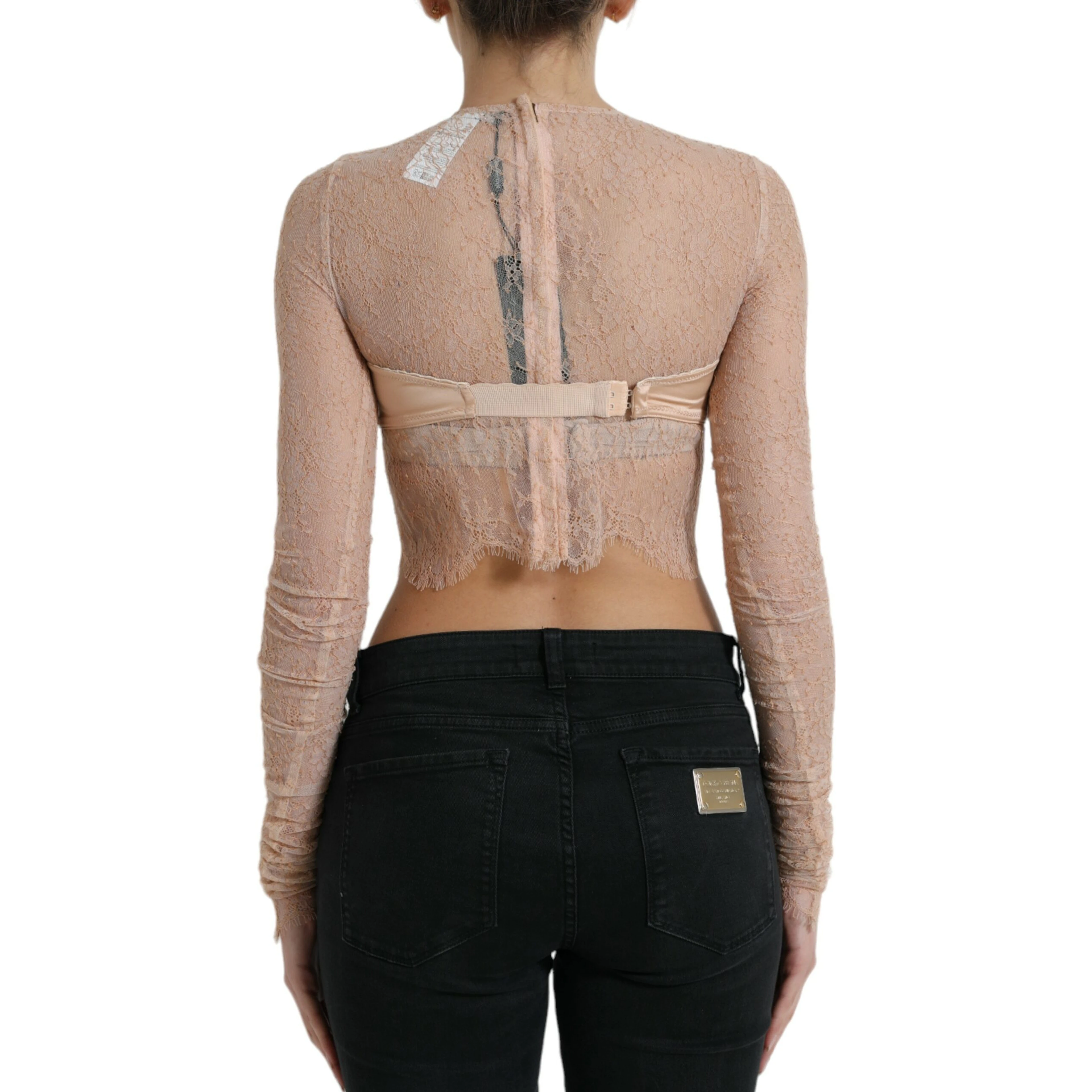 Beige Nylon Floral Lace Bustier Cropped Top