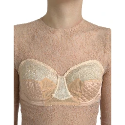 Beige Nylon Floral Lace Bustier Cropped Top