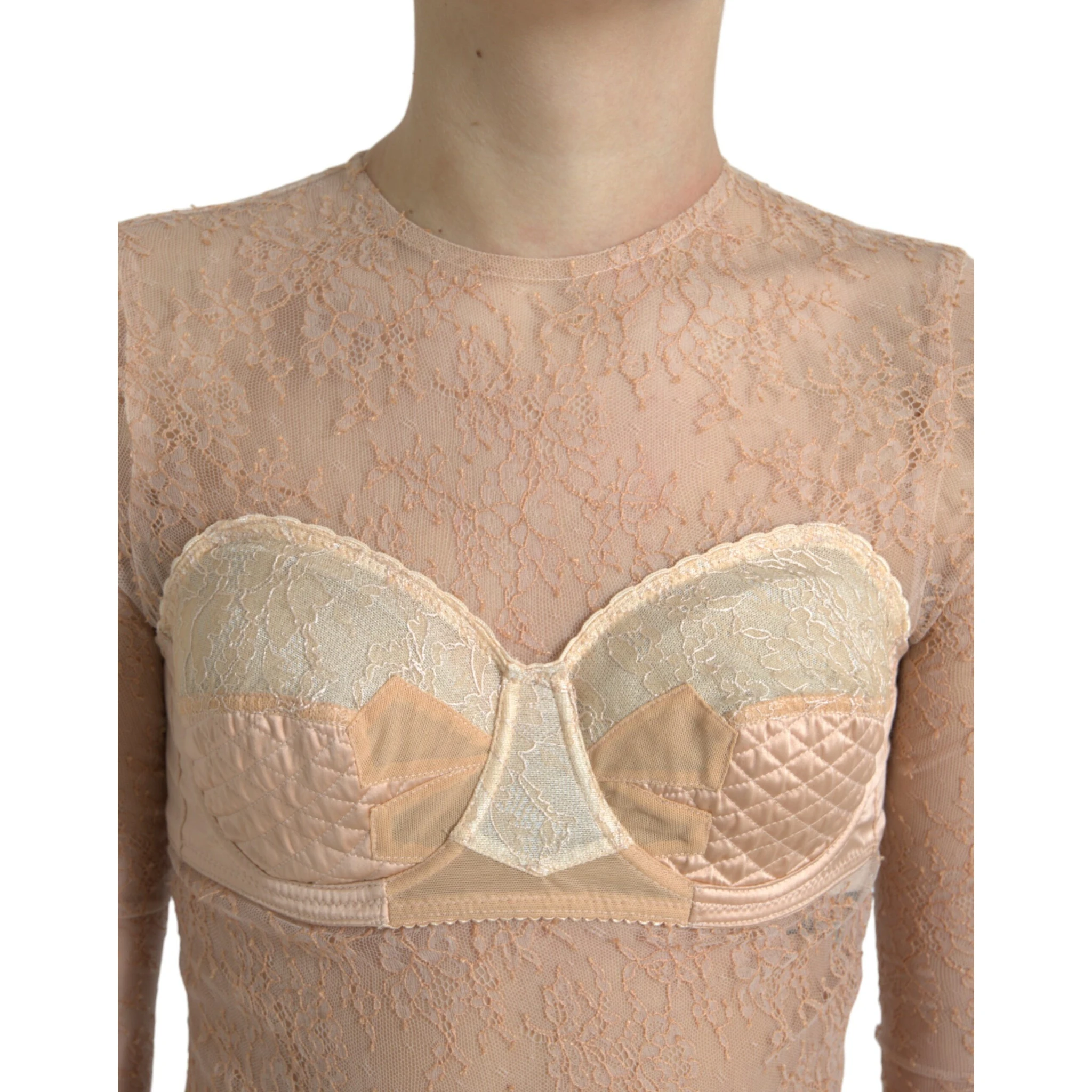Beige Nylon Floral Lace Bustier Cropped Top