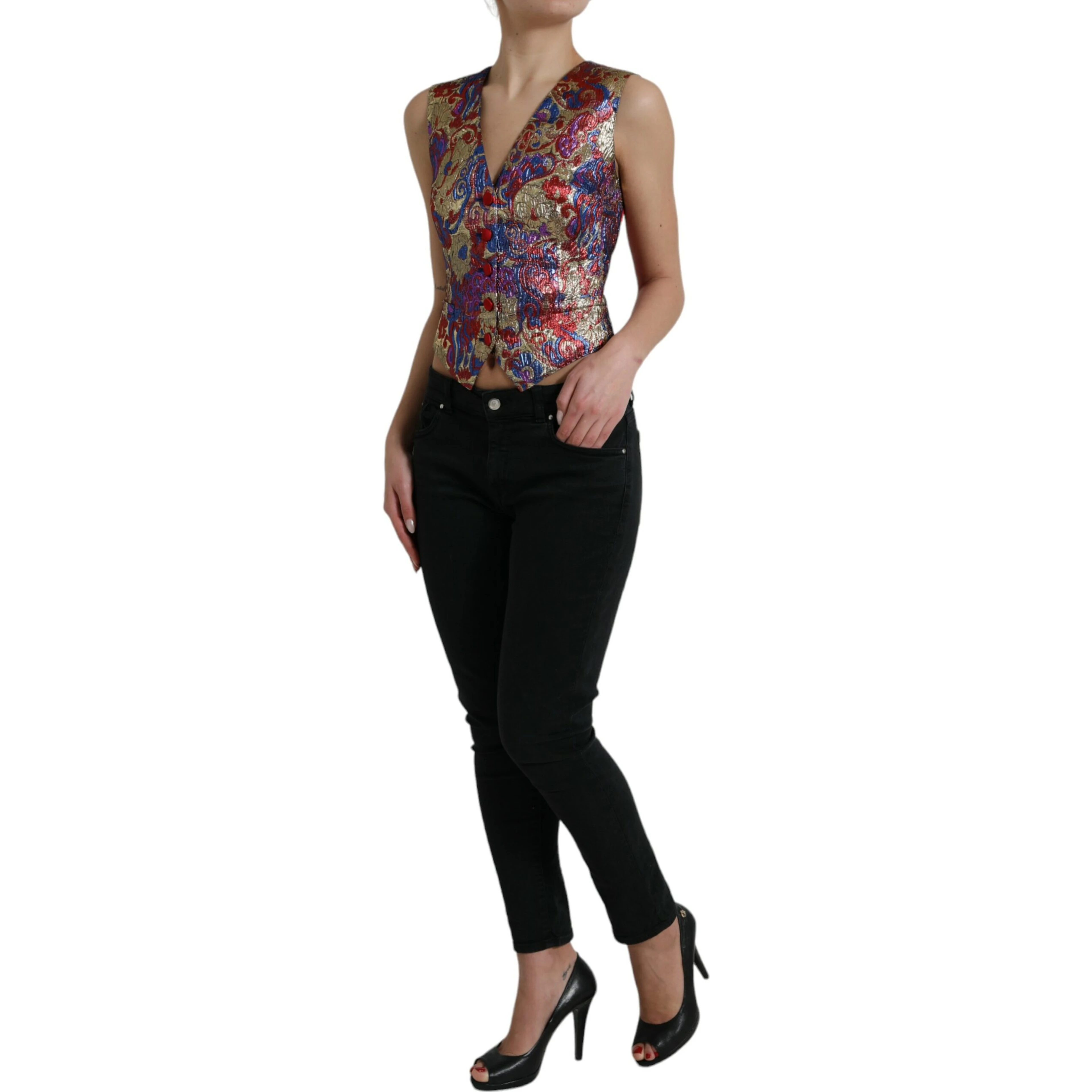 Multicolor Jacquard Button Waistcoat Vest Top