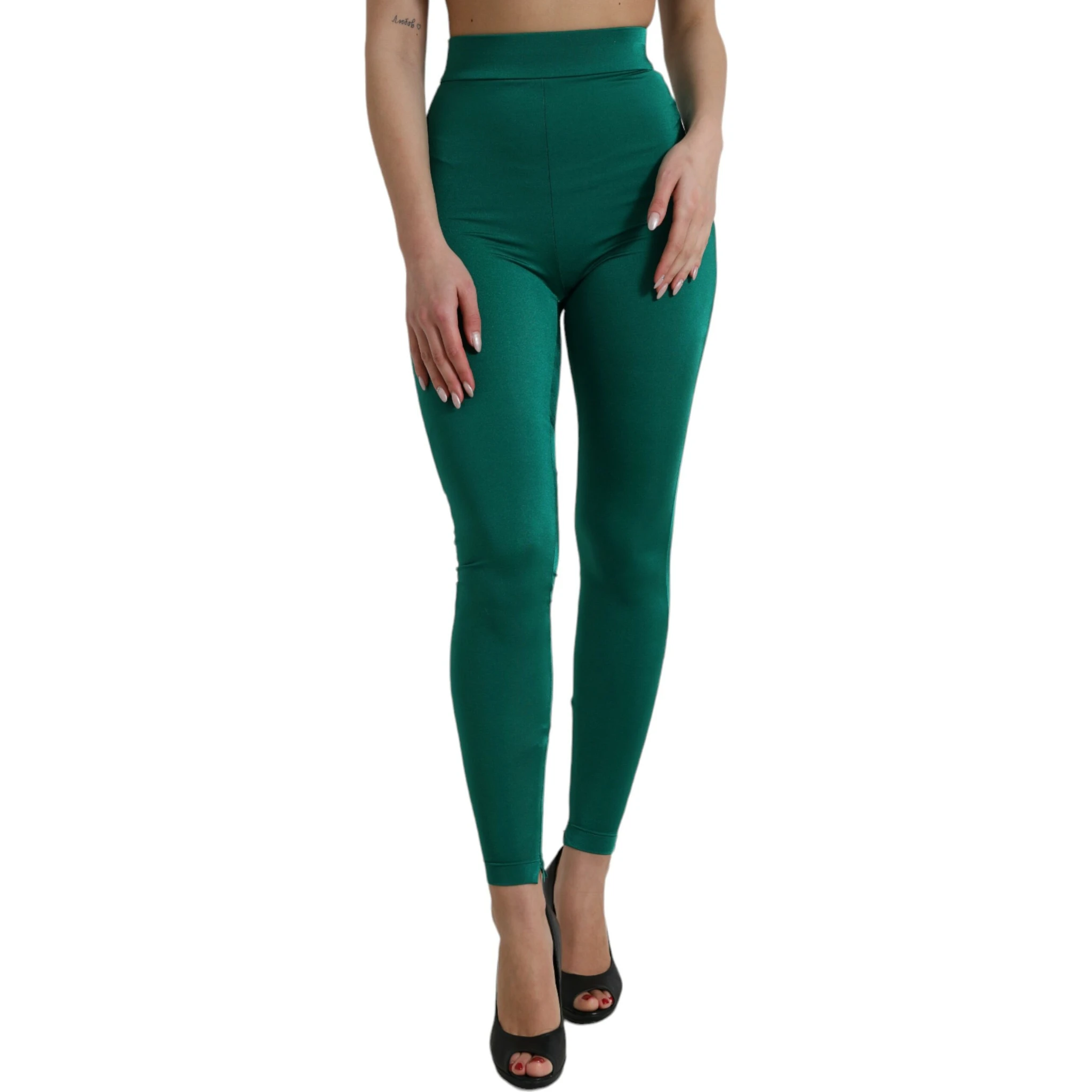 Green Nylon Stretch Slim Leggings Pants
