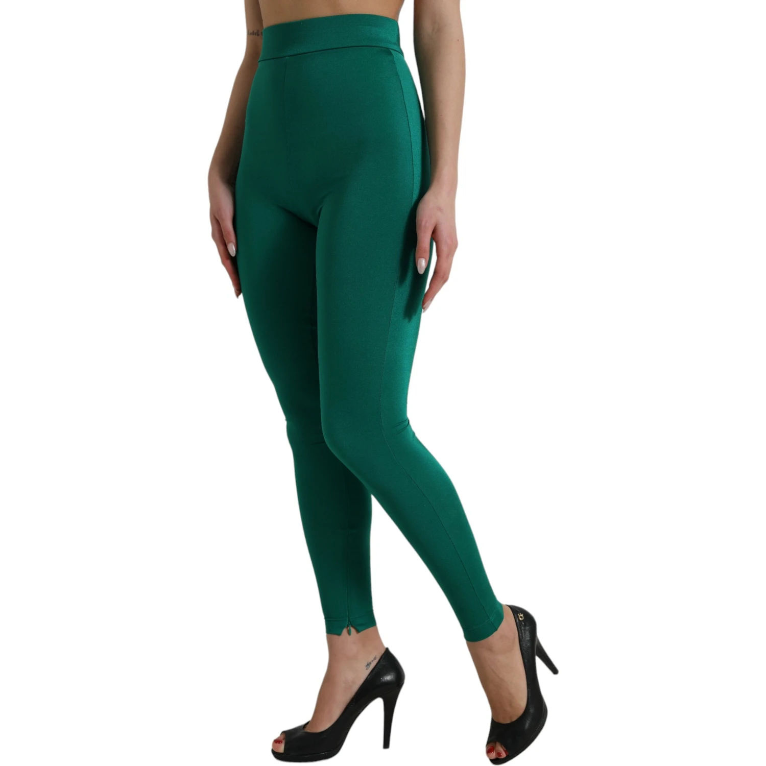 Green Nylon Stretch Slim Leggings Pants