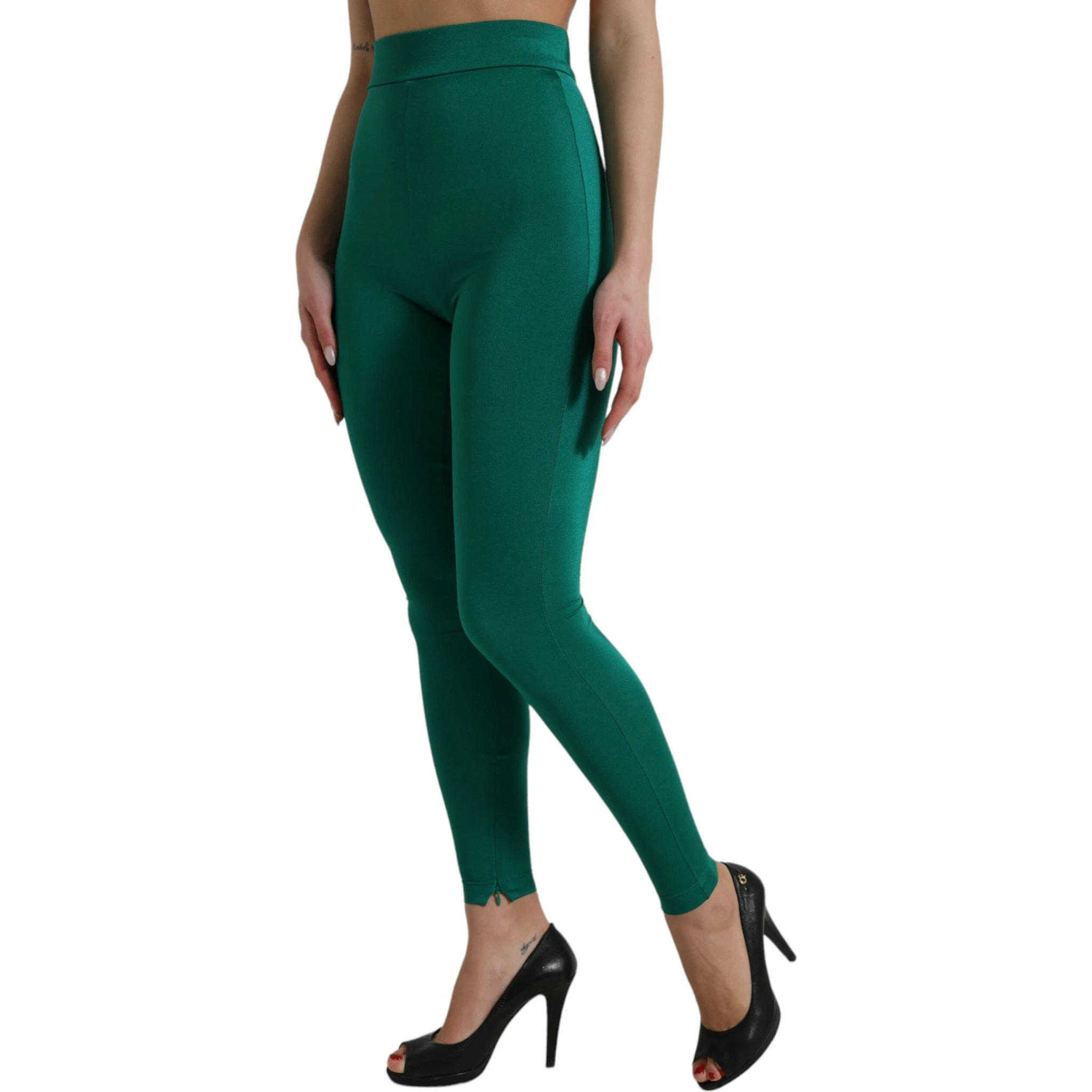 Green Nylon Stretch Slim Leggings Pants
