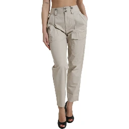 Beige Cotton High Waist Tapered Pants
